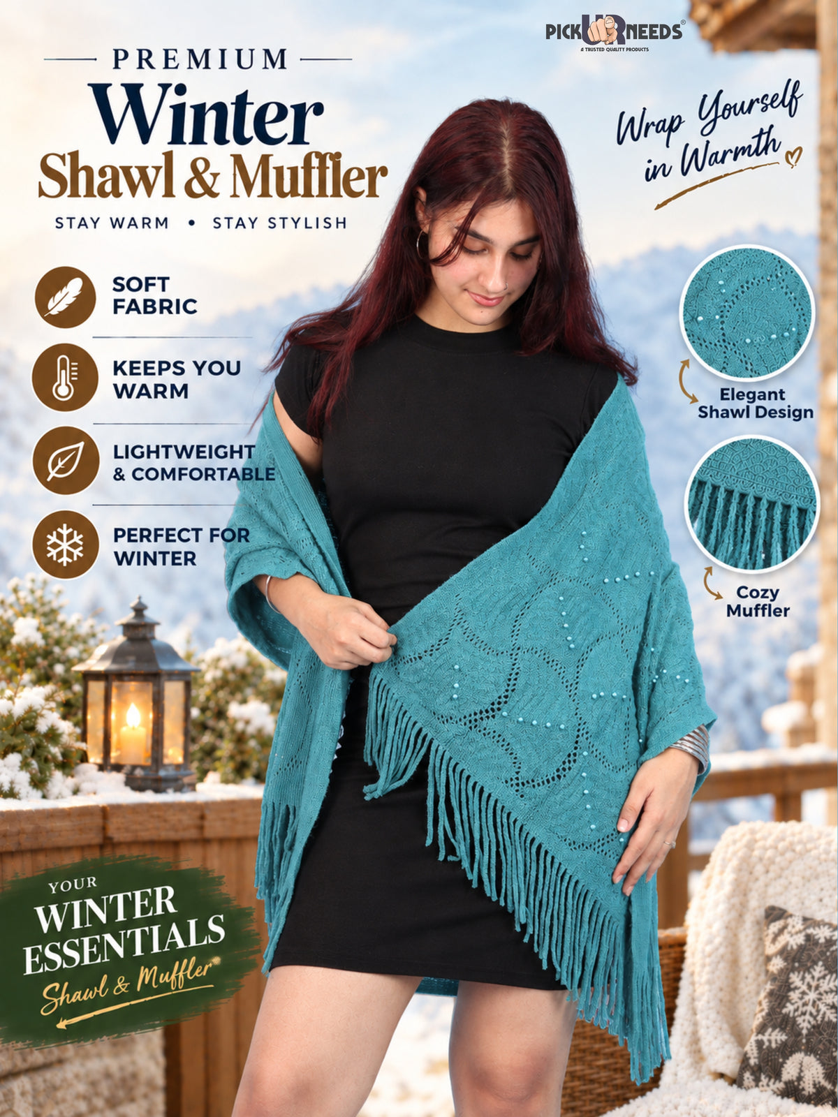 Pick Ur Needs Women & Girls Winter Warm Woolen Shawl Stole with Pearl Work & Fringes – Soft Stylish Wrap