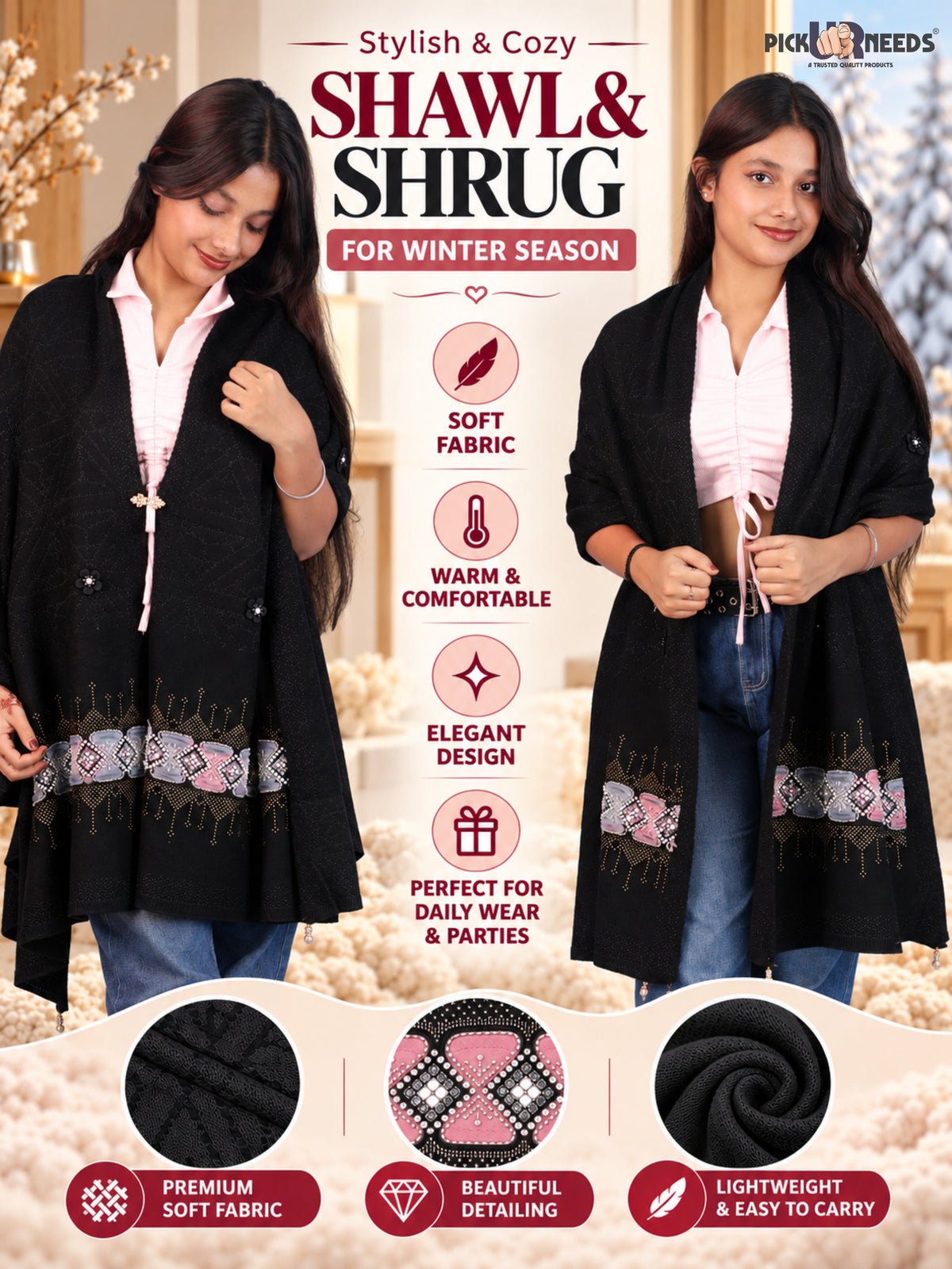 Pick Ur Needs Womens Soft Woolen Winter Girls Shawl with Elegant Geometric Design & Floral Embellishments Lightweight Warm Comfortable Ladies Shawl