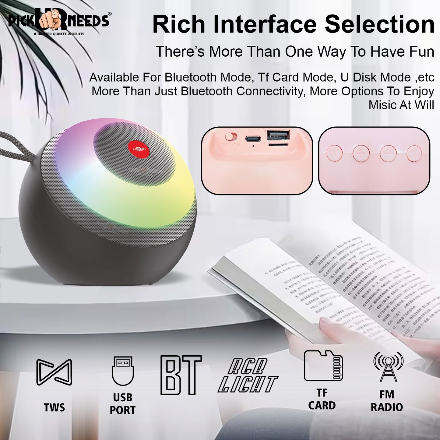 Pick Ur Needs Super Bass Rechargeable Portable Speakers RGB LED Active Stereo WooferHiFi Music 5 W Bluetooth Speaker  (Black, 5.0 Channel)