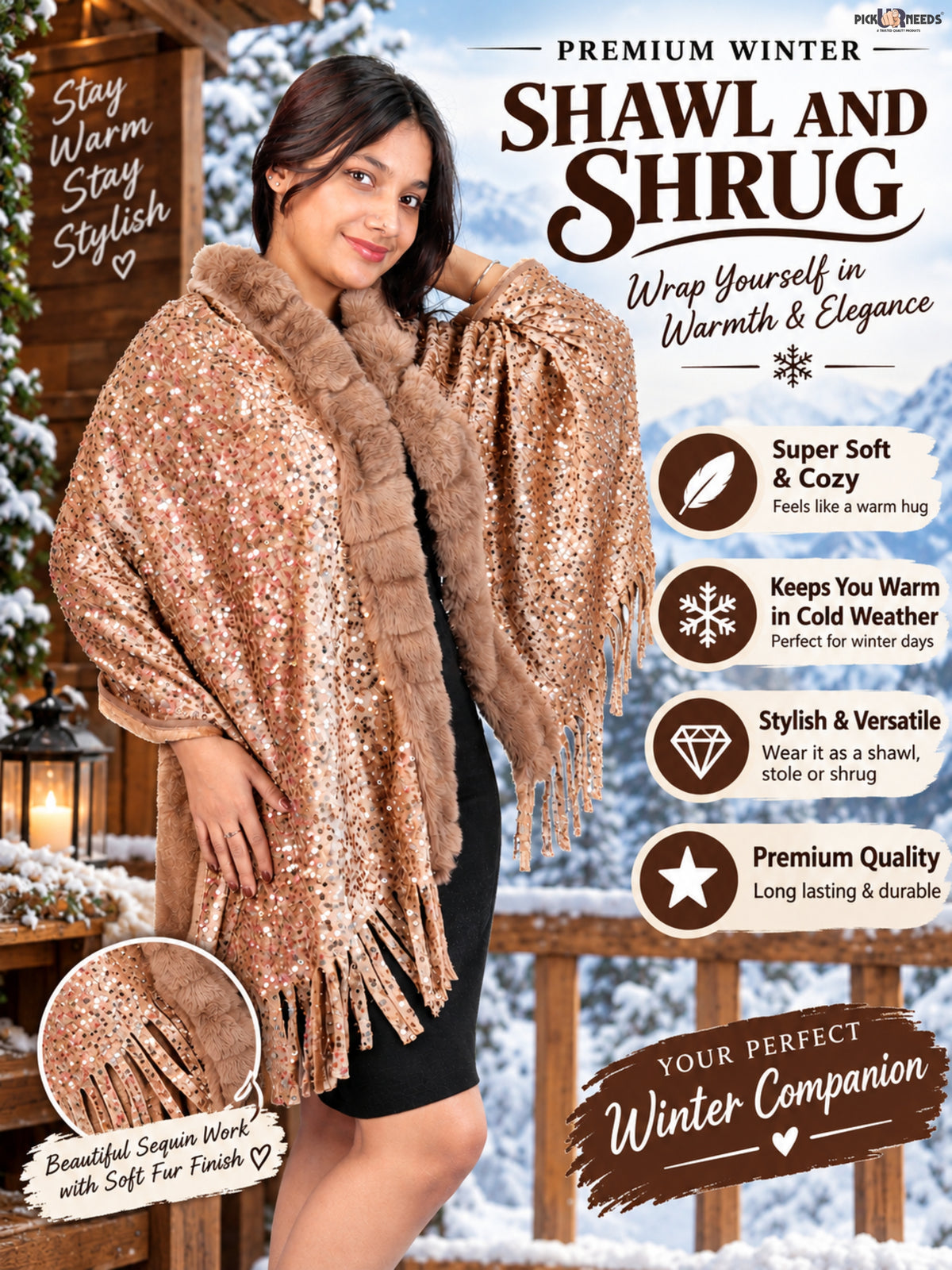 Pick Ur Needs Premium Winter Women Shawl with Shimmering Sequin Work & Soft Fur Border Elegant Warm Designer Shawls with Fringe Tassels for Ladies & Girls