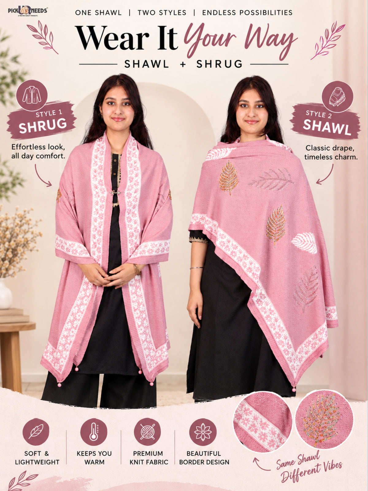 Pick Ur Needs Girls & Womens Winter Soft Lightweight Knitted Shawl with Leaf Design, Floral Border & Decorative Tassels