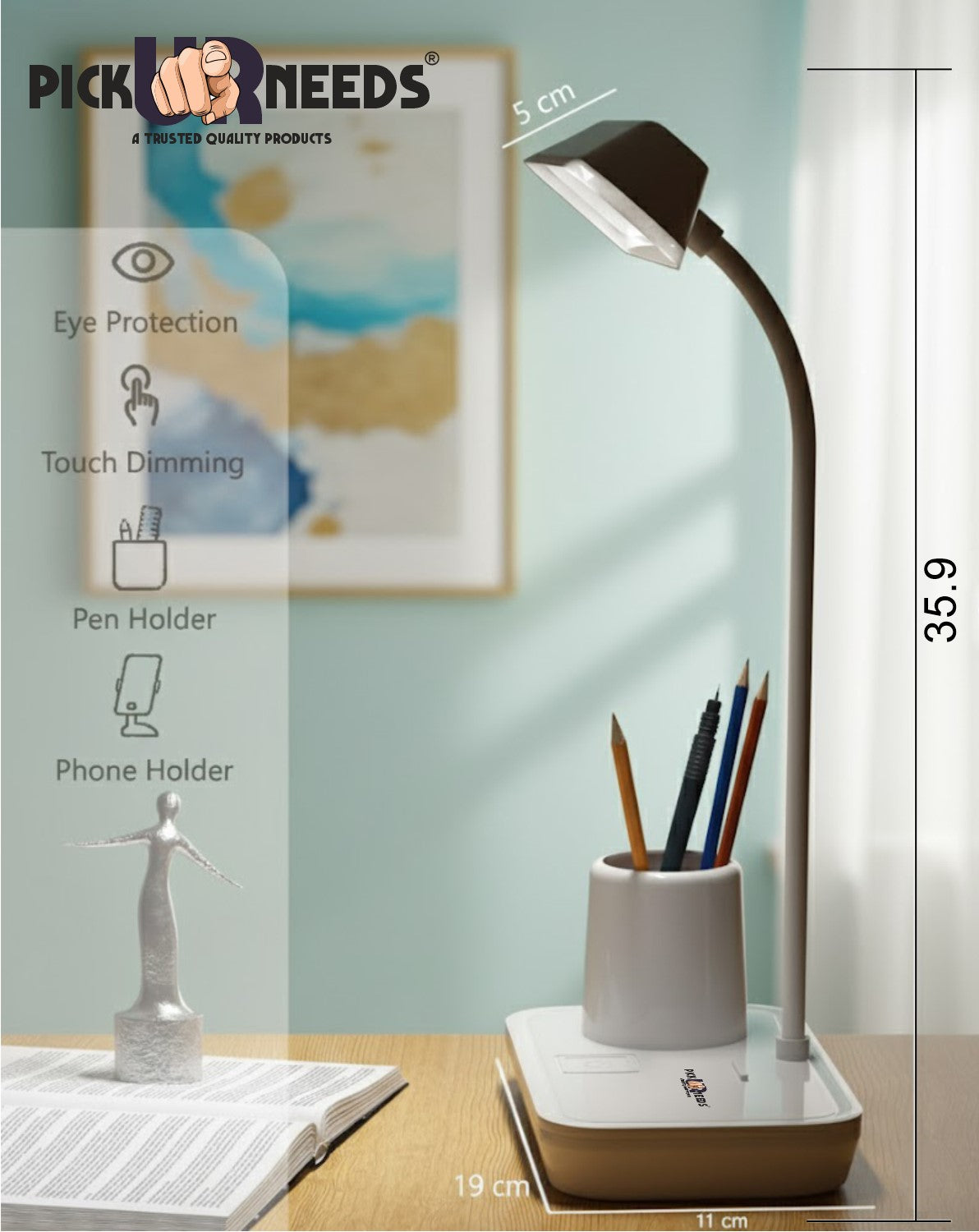 Pick Ur Needs LED Rechargeable Table Study Desk Lamp Reading Light with 3 Mode Dimming with Pen Holder, Phone Stand & USB Power