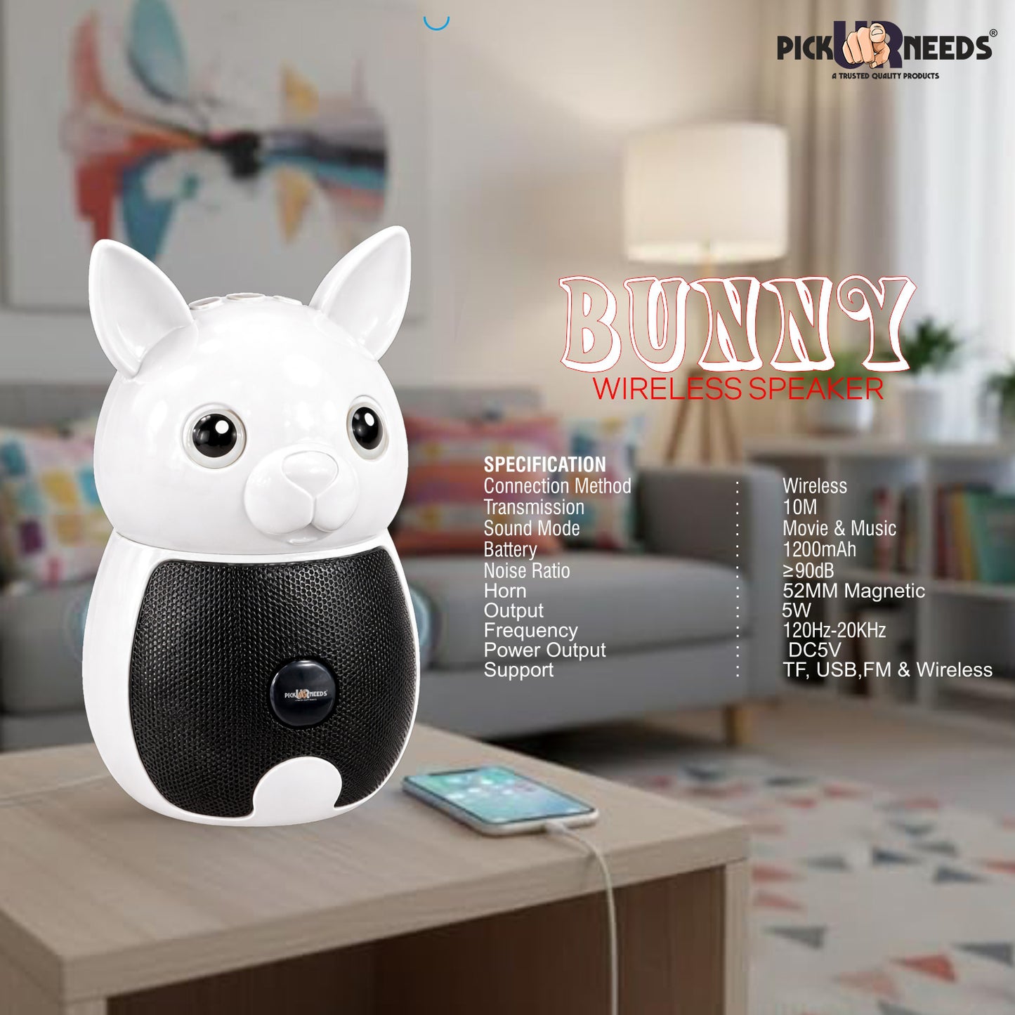 Pick Ur Needs Bunny Bluetooth Speaker | Cute Portable Wireless Speakers with TWS, FM Radio, USB & TF Card | Rechargeable Mini Speaker for Kids & Desk Use
