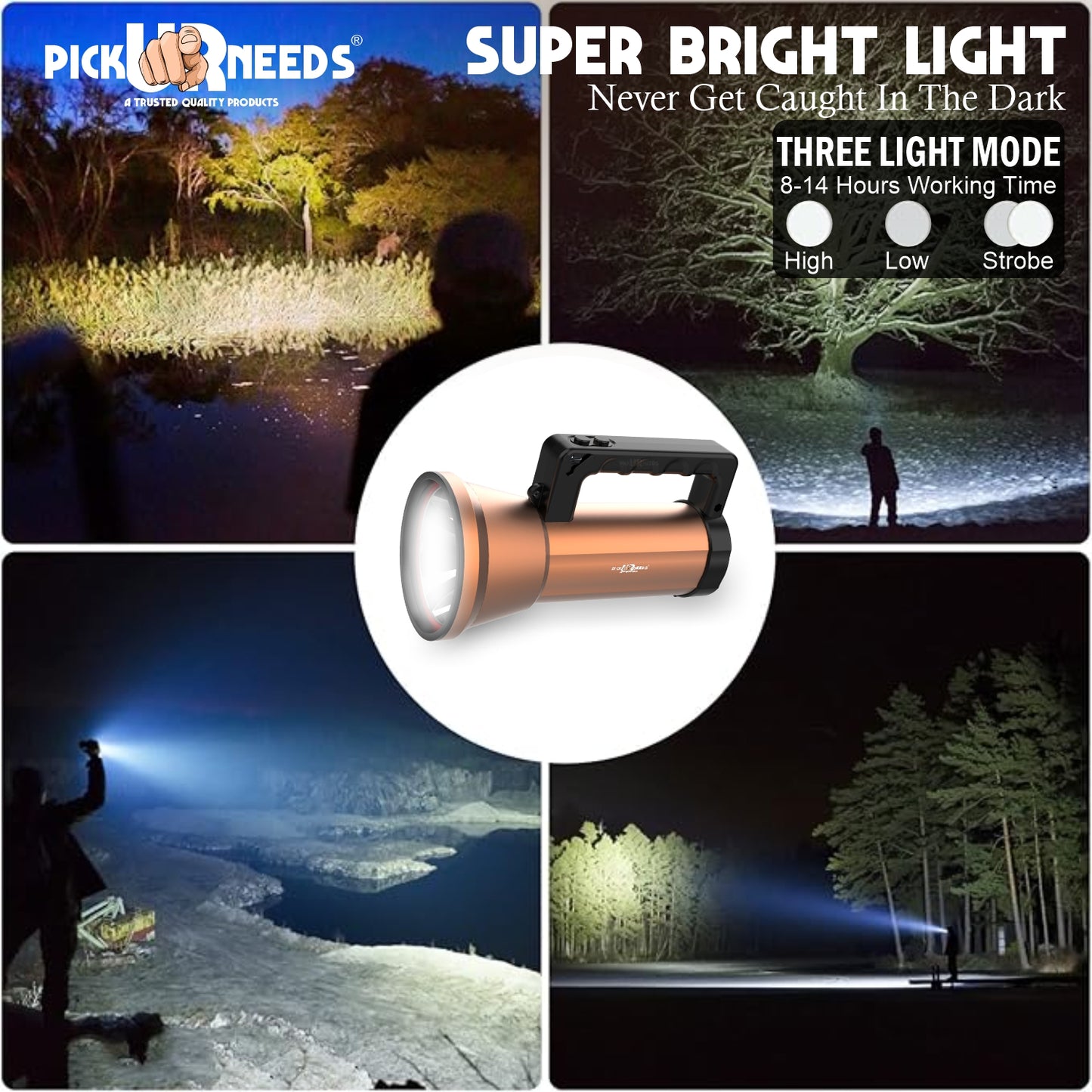 Pick Ur Needs Rechargeable LED Outdoor Torch 200 Watt Laser Light 3600mAh Battery Metal Body 5 hrs Torch Emergency Light