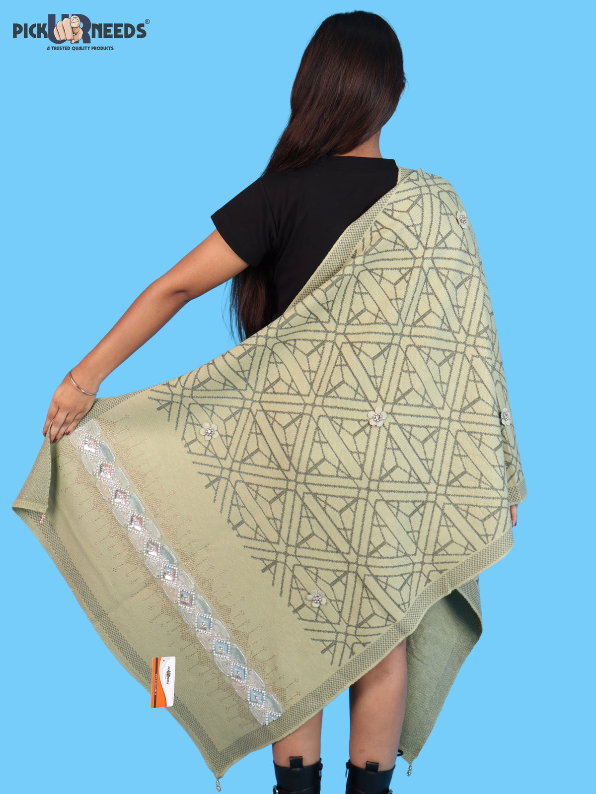 Pick Ur Needs Womens Soft Woolen Winter Girls Shawl with Elegant Geometric Design & Floral Embellishments Lightweight Warm Comfortable Ladies Shawl