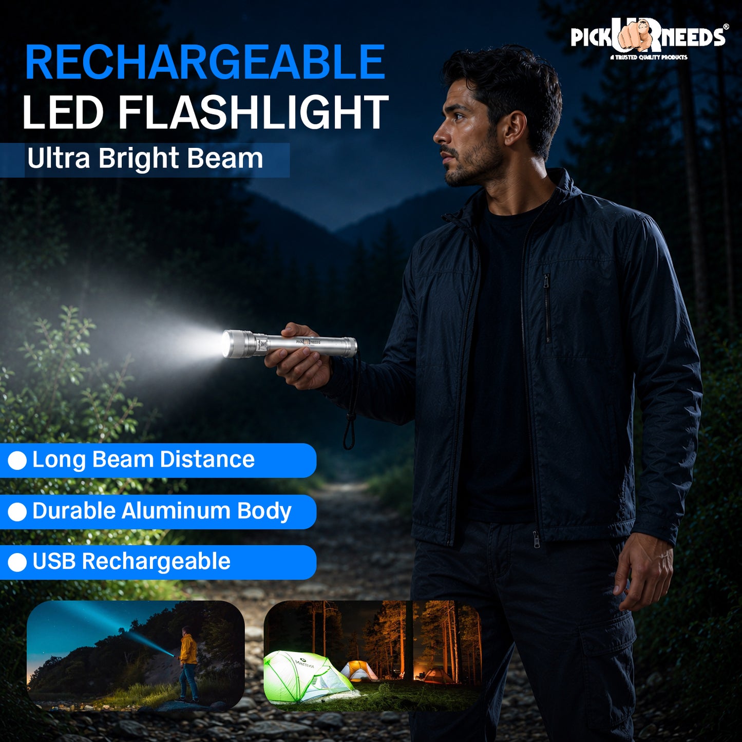 Rechargeable Emergency Pick Ur Needs Metal Torch Light with 4000mAh Battery Long Range Backup Searchlight with 4 Light Modes