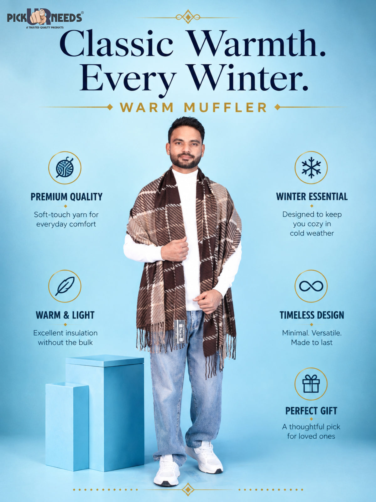 Pick Ur Needs Premium Winter Shawl & Muffler for Men & Boys | Soft Warm Checkered Pattern Woolen Style Stole Stylish Long Scarf with Fringed Ends Comfortable Neck Wrap for Winter Wear