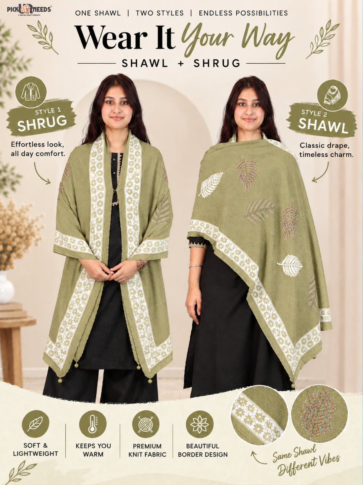 Pick Ur Needs Girls & Womens Winter Soft Lightweight Knitted Shawl with Leaf Design, Floral Border & Decorative Tassels