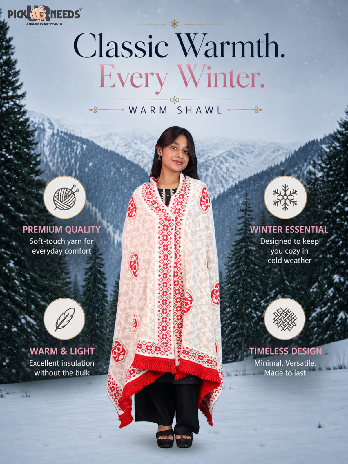 Pick Ur Needs Printed Women’s Woolen Shawl with Elegant Floral Pattern & Fur Border