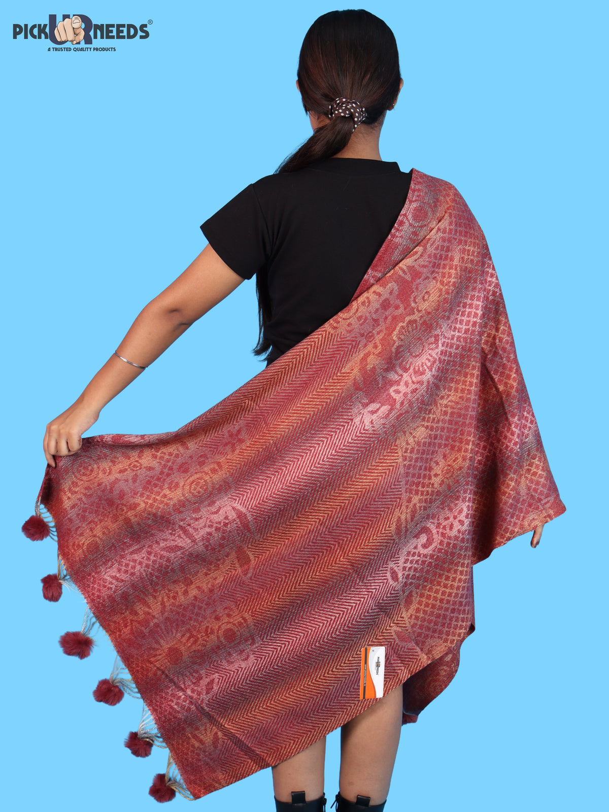 Pick Ur Needs Soft Woolen Designer Winter Shawl with Beautiful Floral Pattern & Pom Pom Tassels For Girls & Womens