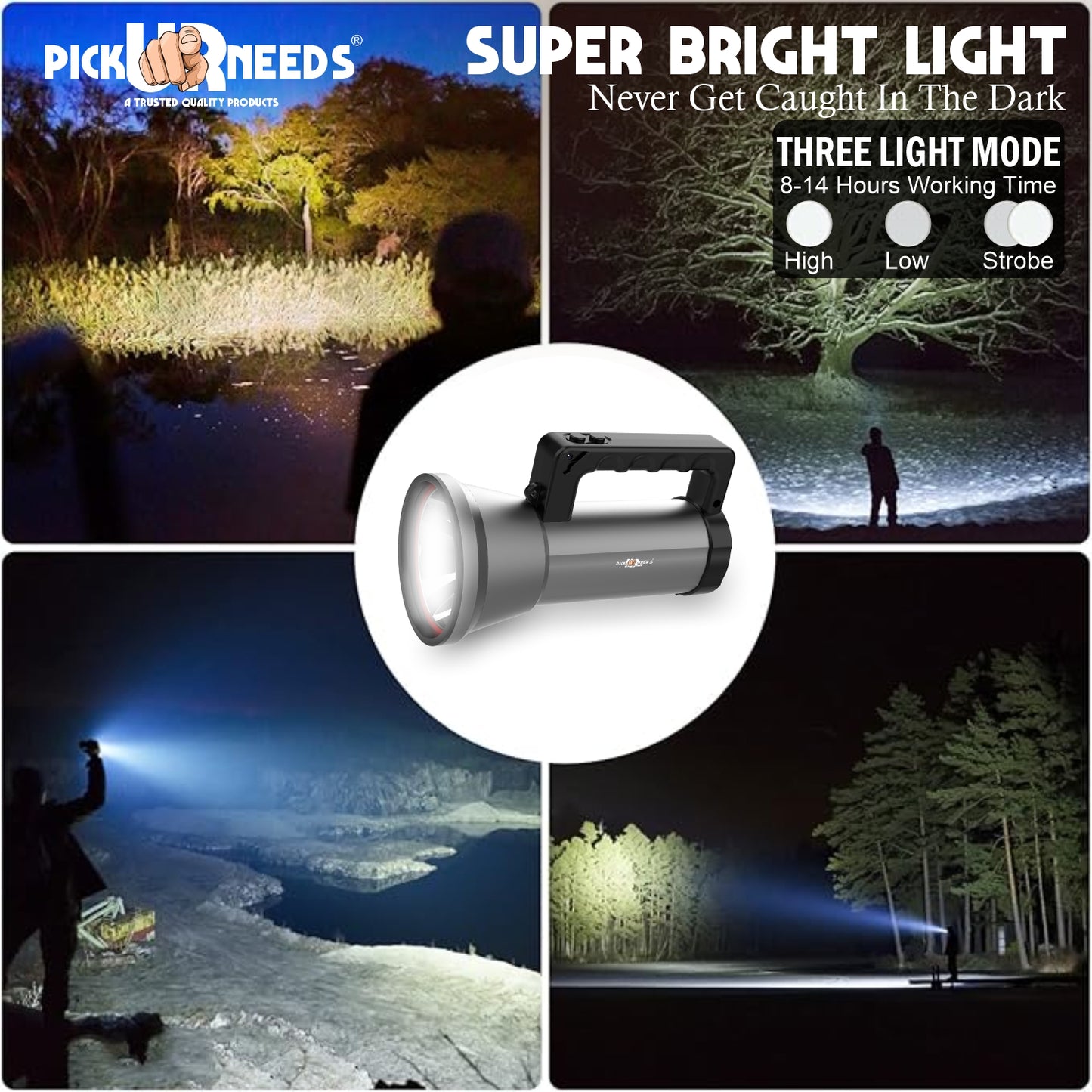 Pick Ur Needs Rechargeable LED Outdoor Torch 200 Watt Laser Light 3600mAh Battery Metal Body 5 hrs Torch Emergency Light