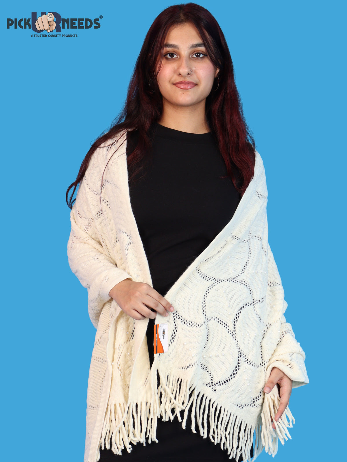 Pick Ur Needs Women & Girls Winter Warm Woolen Shawl Stole with Pearl Work & Fringes – Soft Stylish Wrap