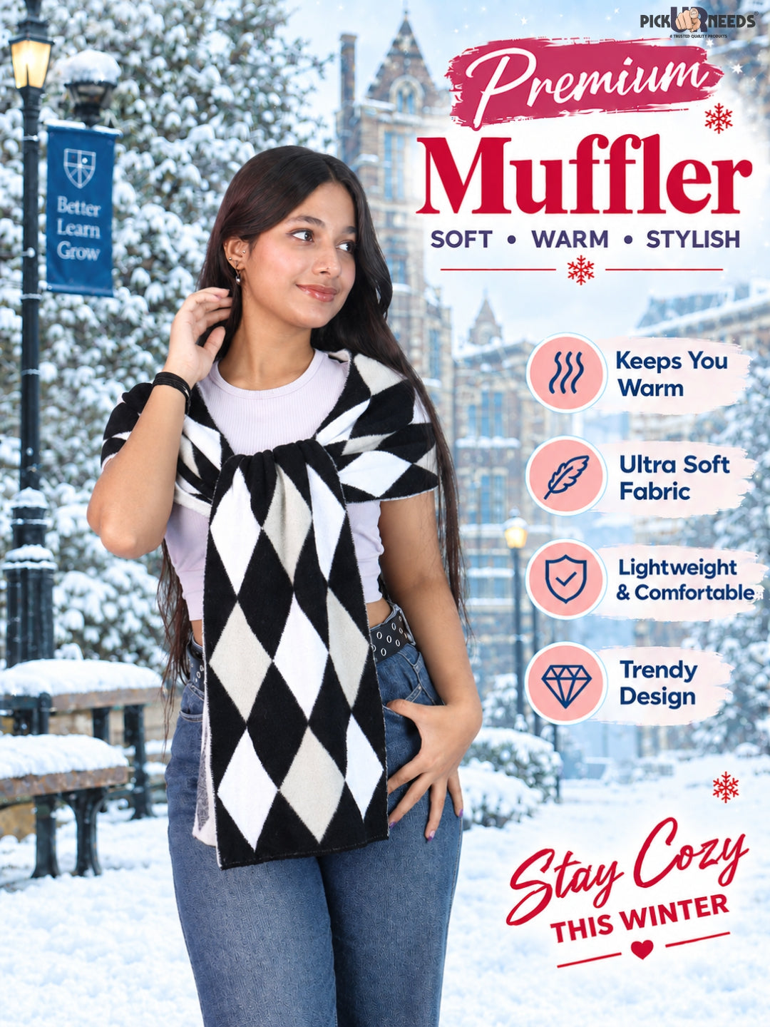 Pick Ur Needs Womens Winter Stole Scarf Soft Warm Geometric Pattern Wrap Stylish Muffler Fashionable Wear For Girls