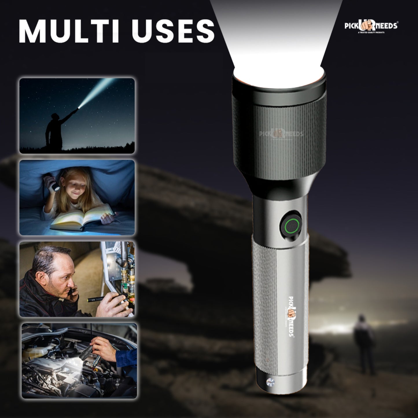 Pick Ur Needs Chargeable Aluminium Body Torch Adjustable Focus LED 100W Laser 2000mAh Battery 5 hrs Torch Emergency Light