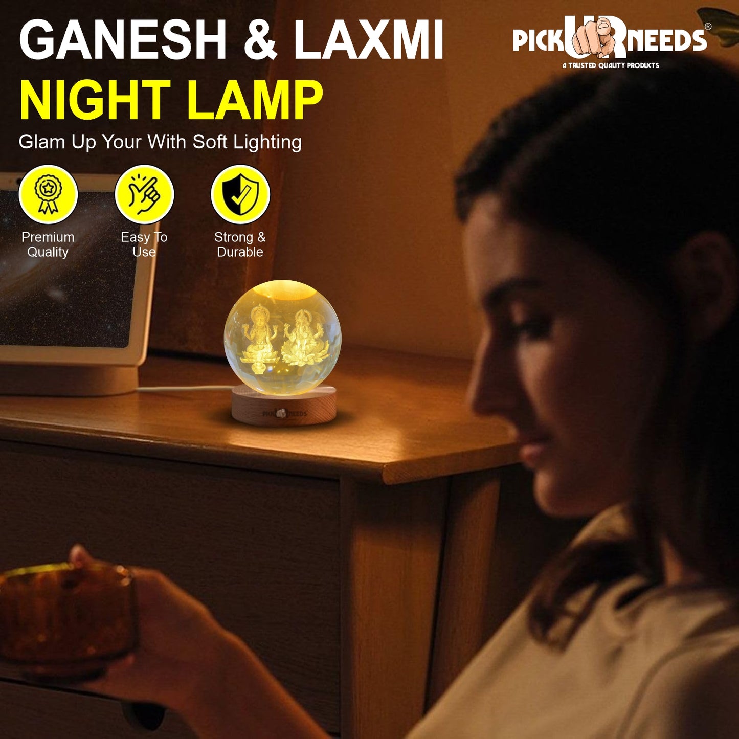 Pick Ur Needs 3D Galaxy Laxmi Ganesh Crystal Ball Night Light– Beech Wood Base– Decor for Home Night Lamp  (9.5 cm, Gold)