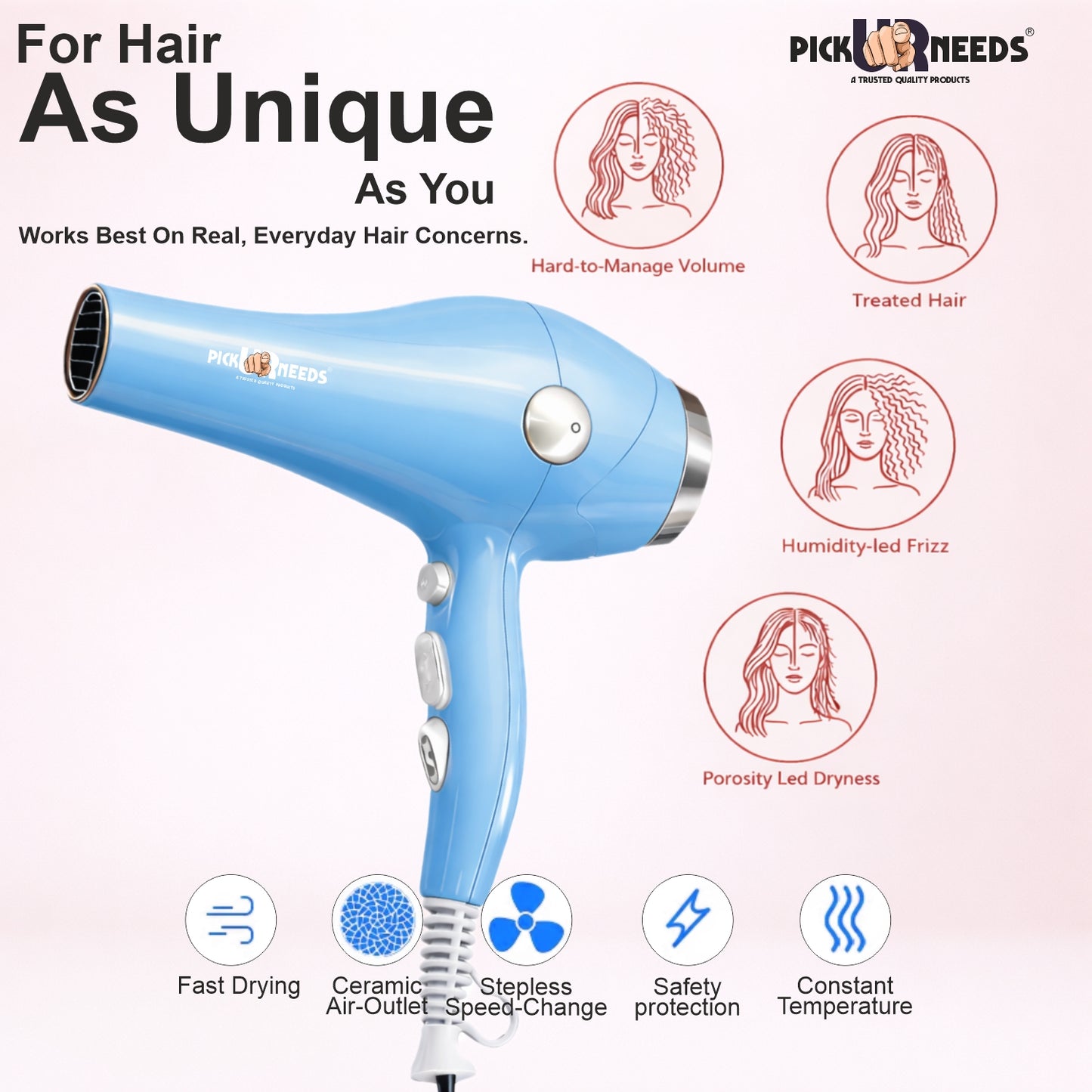 Pick Ur Needs Hair Dryer for Women & Men Quick Dry Hot and Cold Air Low Noise Dryer Hair Dryer