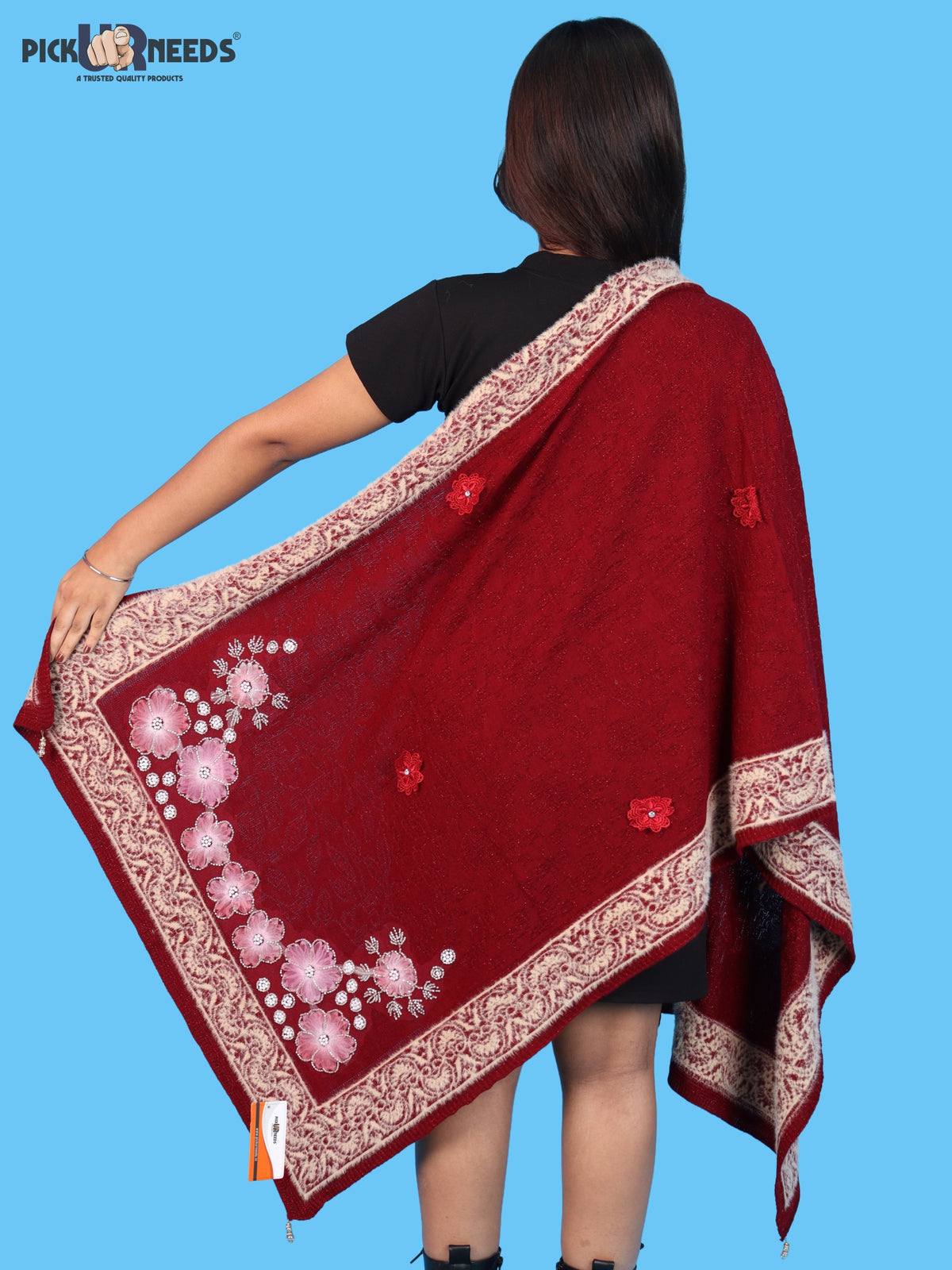 Pick Ur Needs Winter Woolen Womens Open Front Stylish Shrug with Elegant Floral Embroidery & Designer Border Soft Warm for Ladies & Girls