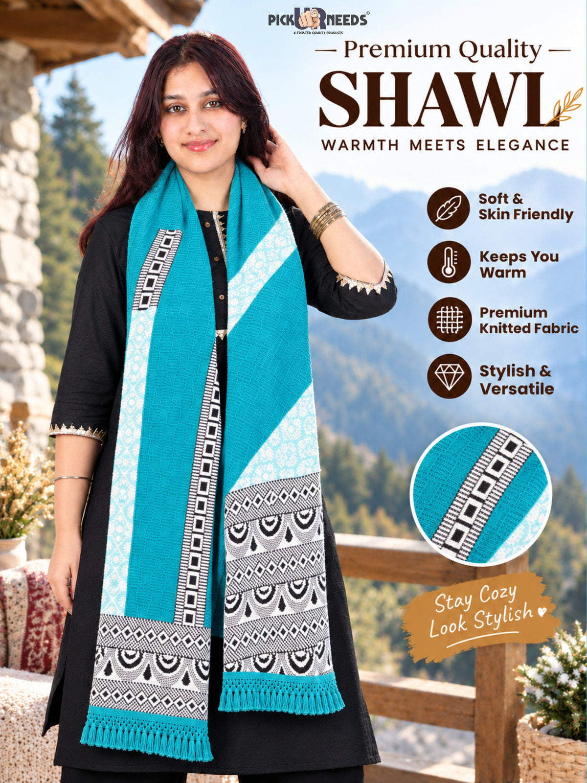 Pick Ur Needs Winter Girls & Womens Woolen Shawl, Soft Warm Printed Wrap with Elegant Pattern & Fringe Border