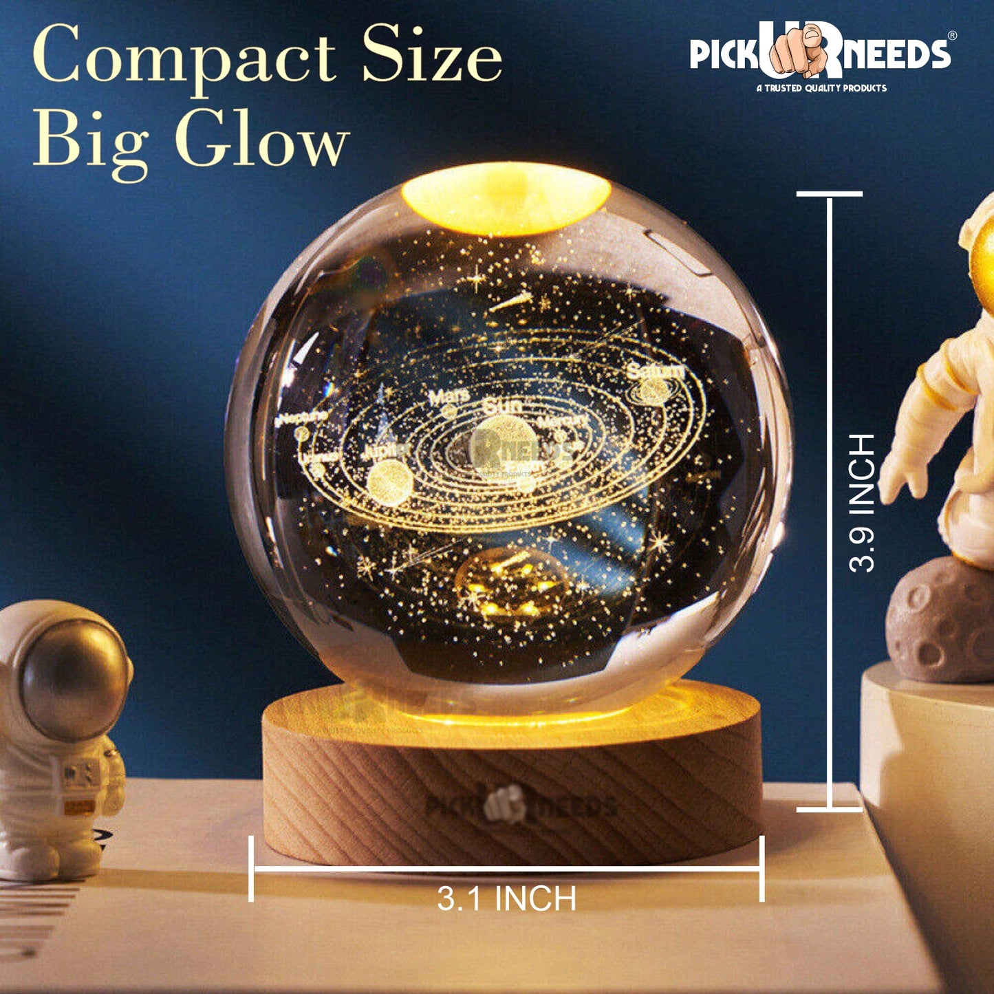 Pick Ur Needs 3D Galaxy Laxmi Ganesh Crystal Ball Night Light– Beech Wood Base– Decor for Home Night Lamp  (9.5 cm, Gold)