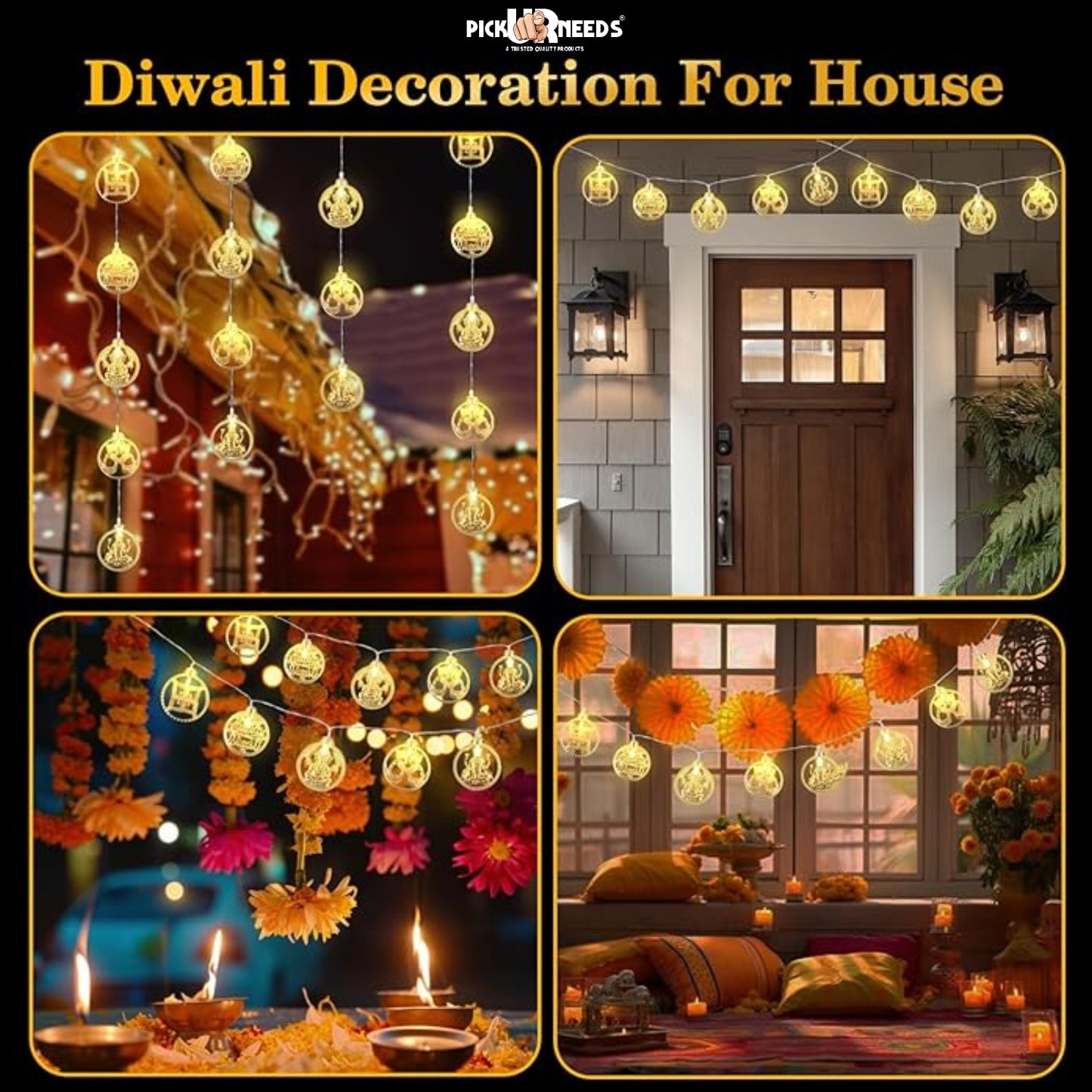 Pick Ur Needs Ganesh Ji Diwali String Metal Hanging Lights, Warm White Round 3D Curtain Lights for Window, Wall, Door, Party, Festival Décor, Home Office Decoration