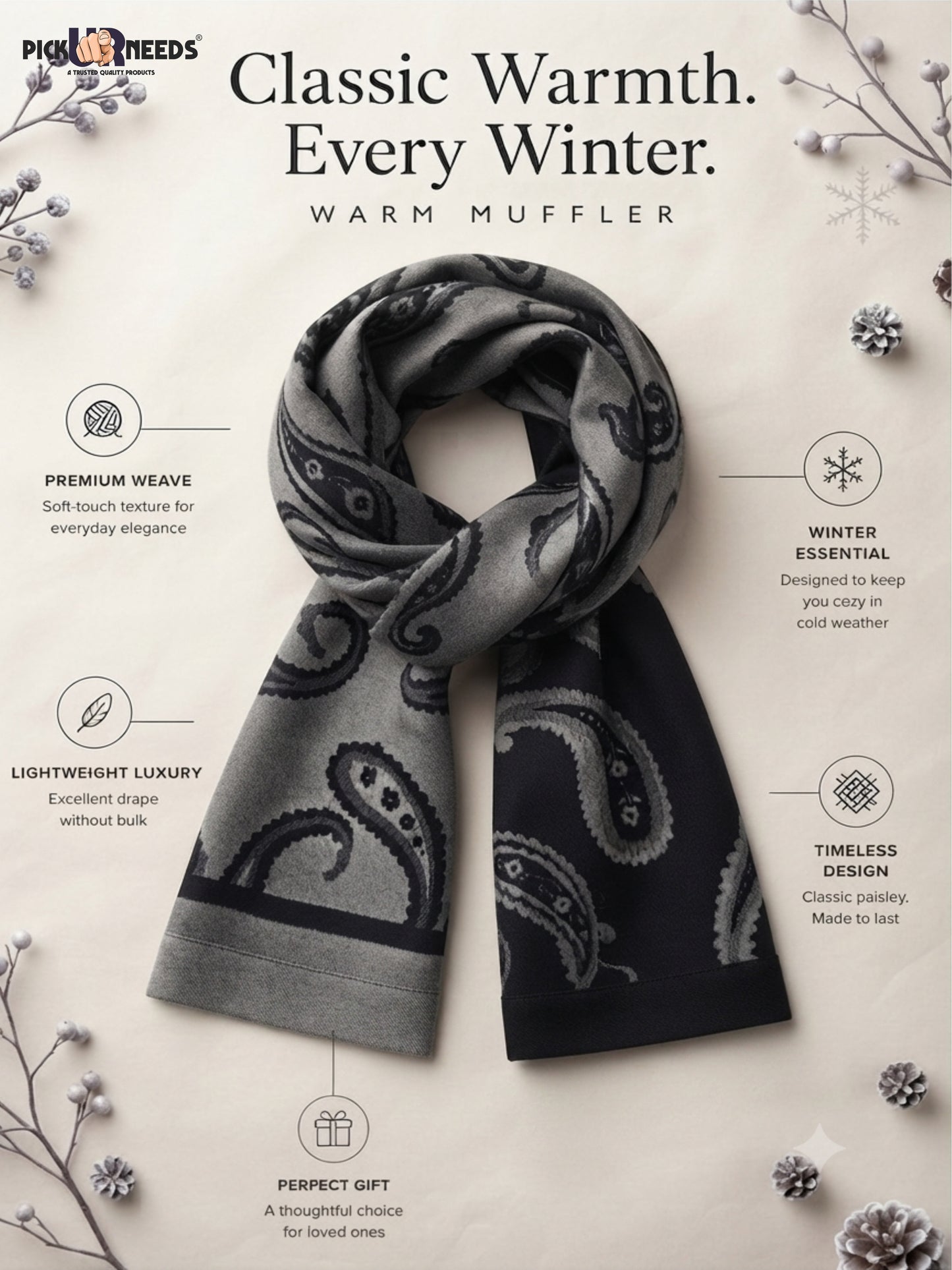 Pick Ur Needs Mens 2-in-1 Shawl & Stole, Elegant Paisley Print Winter Wrap, Lightweight Warm Shoulder Scarf for Boys, Stylish Reversible-Style