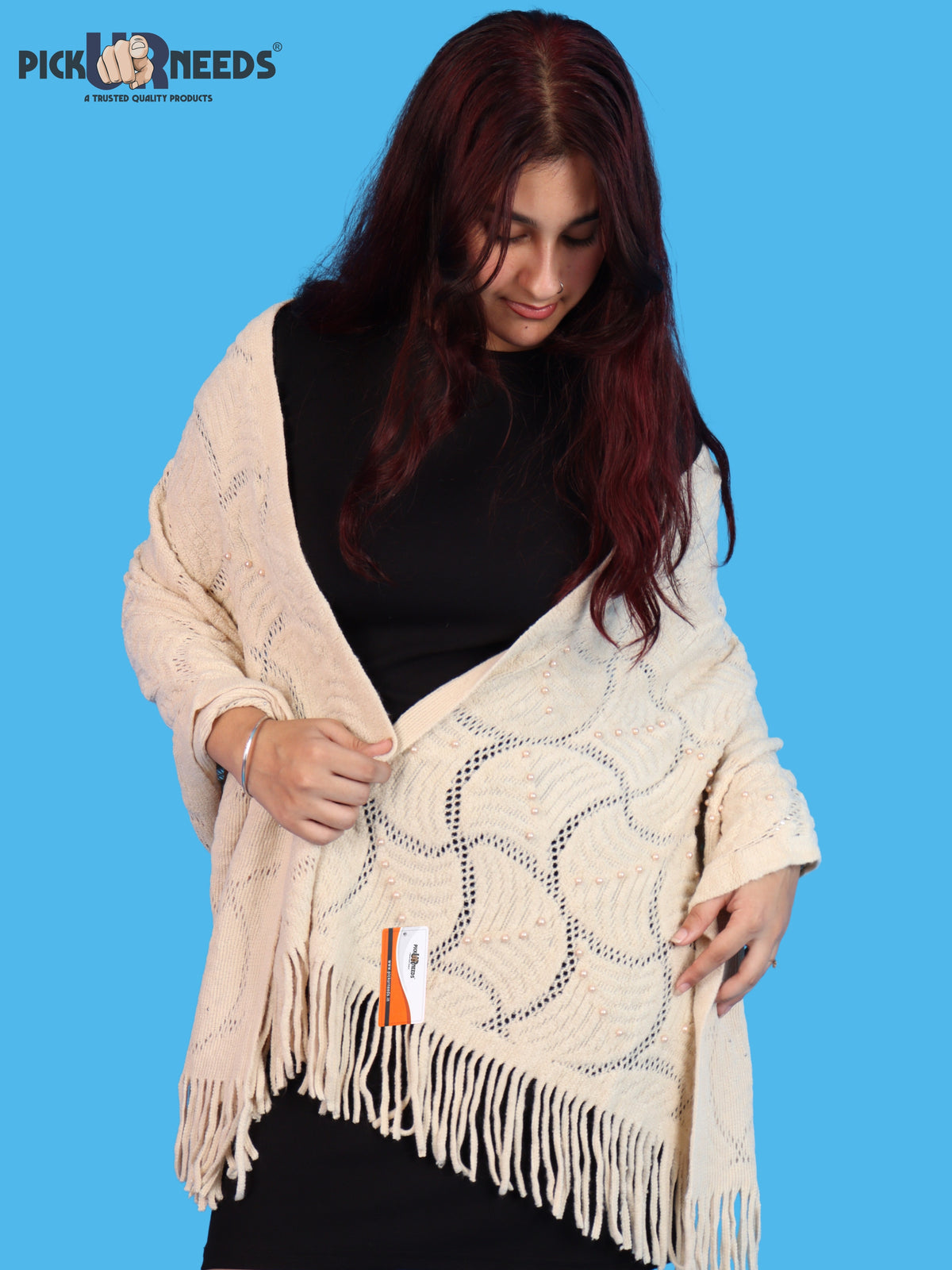 Pick Ur Needs Women & Girls Winter Warm Woolen Shawl Stole with Pearl Work & Fringes – Soft Stylish Wrap