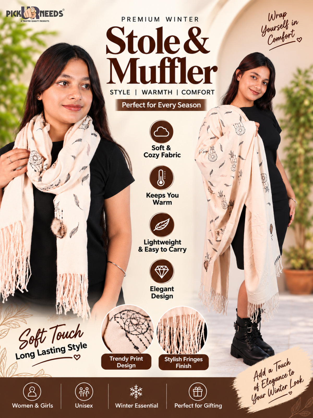 Pick Ur Needs Womens & Girls Muffler & Scarf with Elegant Dreamcatcher Print Soft Warm Lightweight Winter Neck Wrap with Stylish Fringes