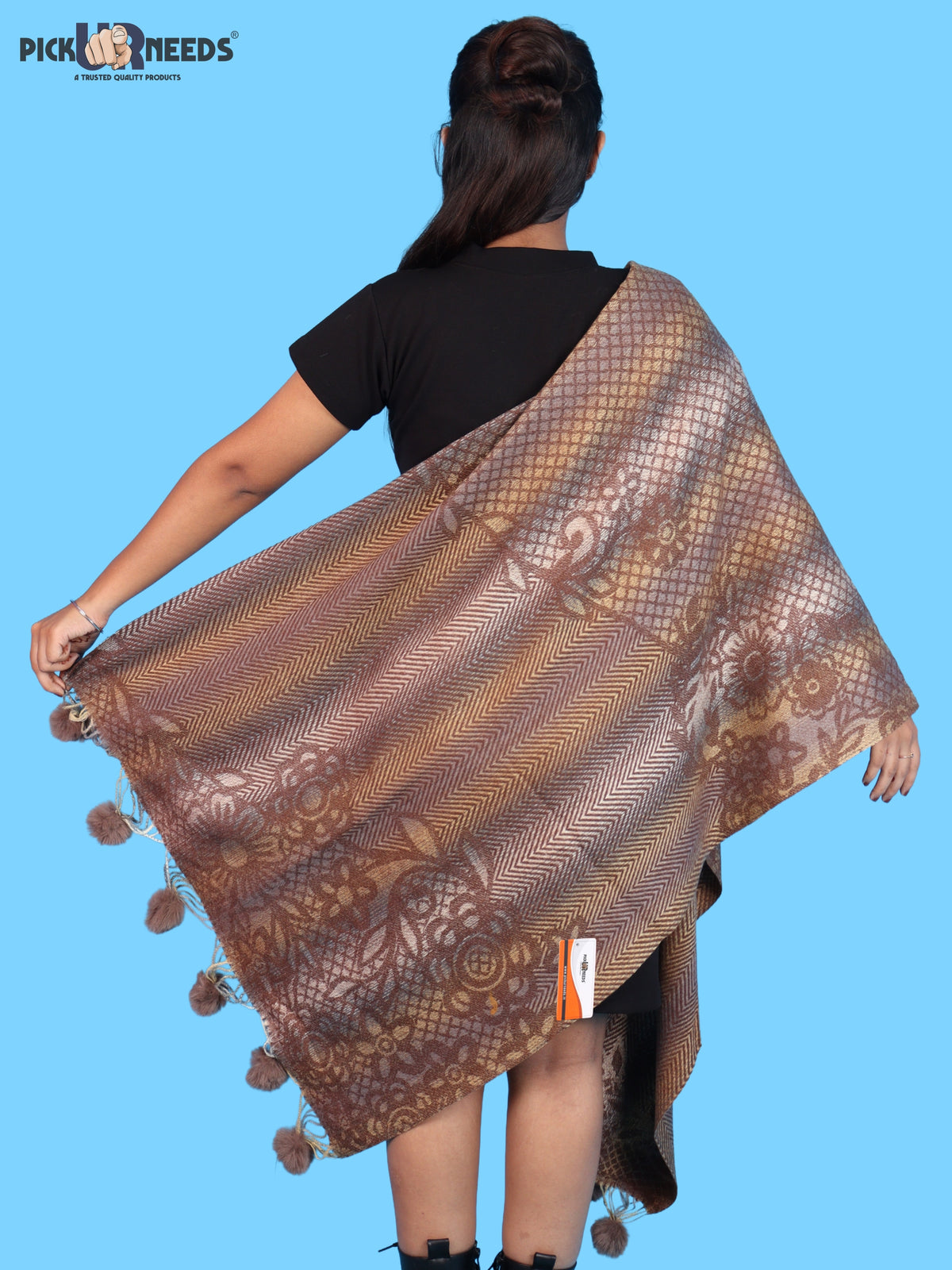 Pick Ur Needs Soft Woolen Designer Winter Shawl with Beautiful Floral Pattern & Pom Pom Tassels For Girls & Womens