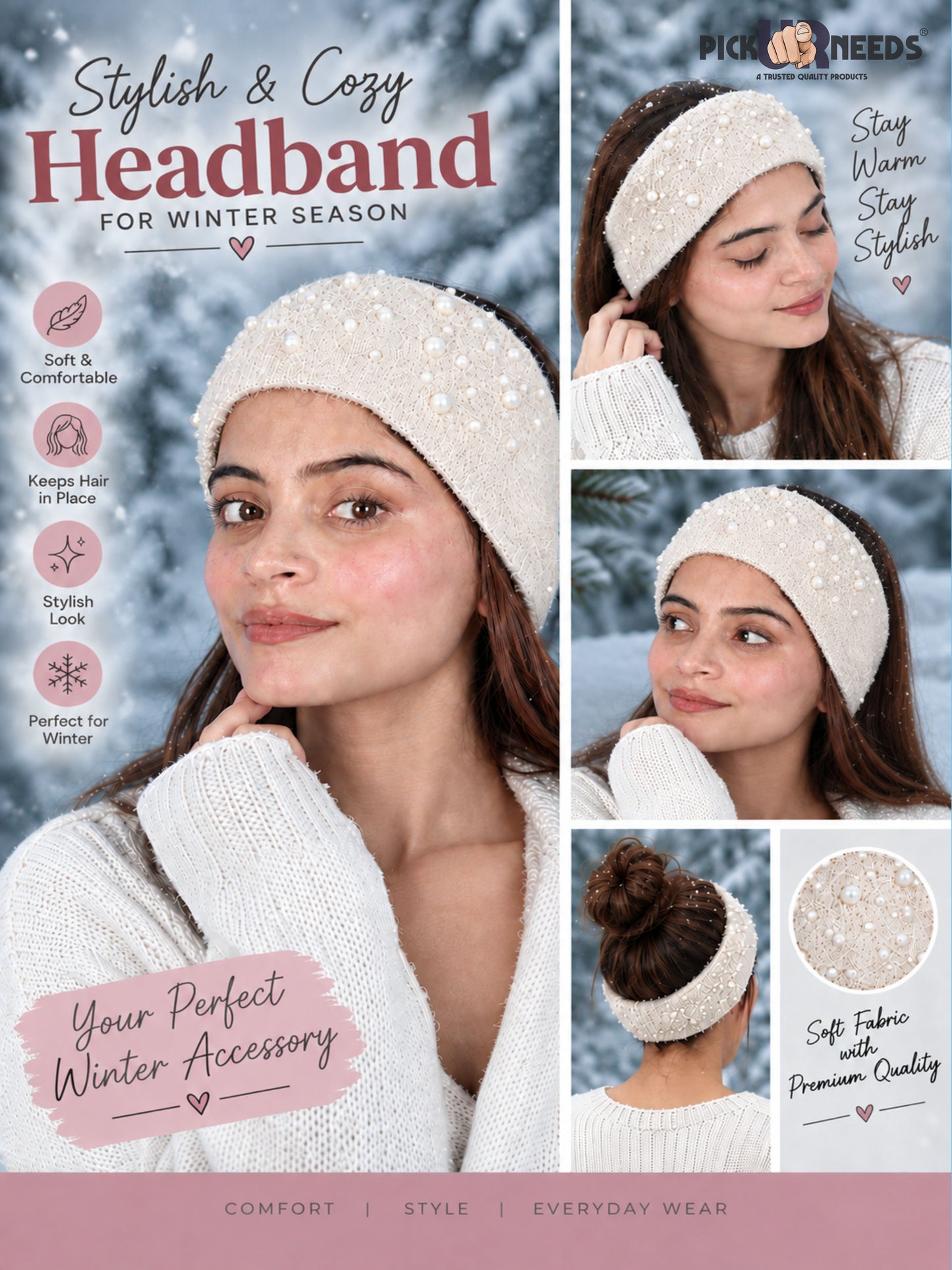Pick Ur Needs Stylish & Cozy Pearl Embellished Winter Headband