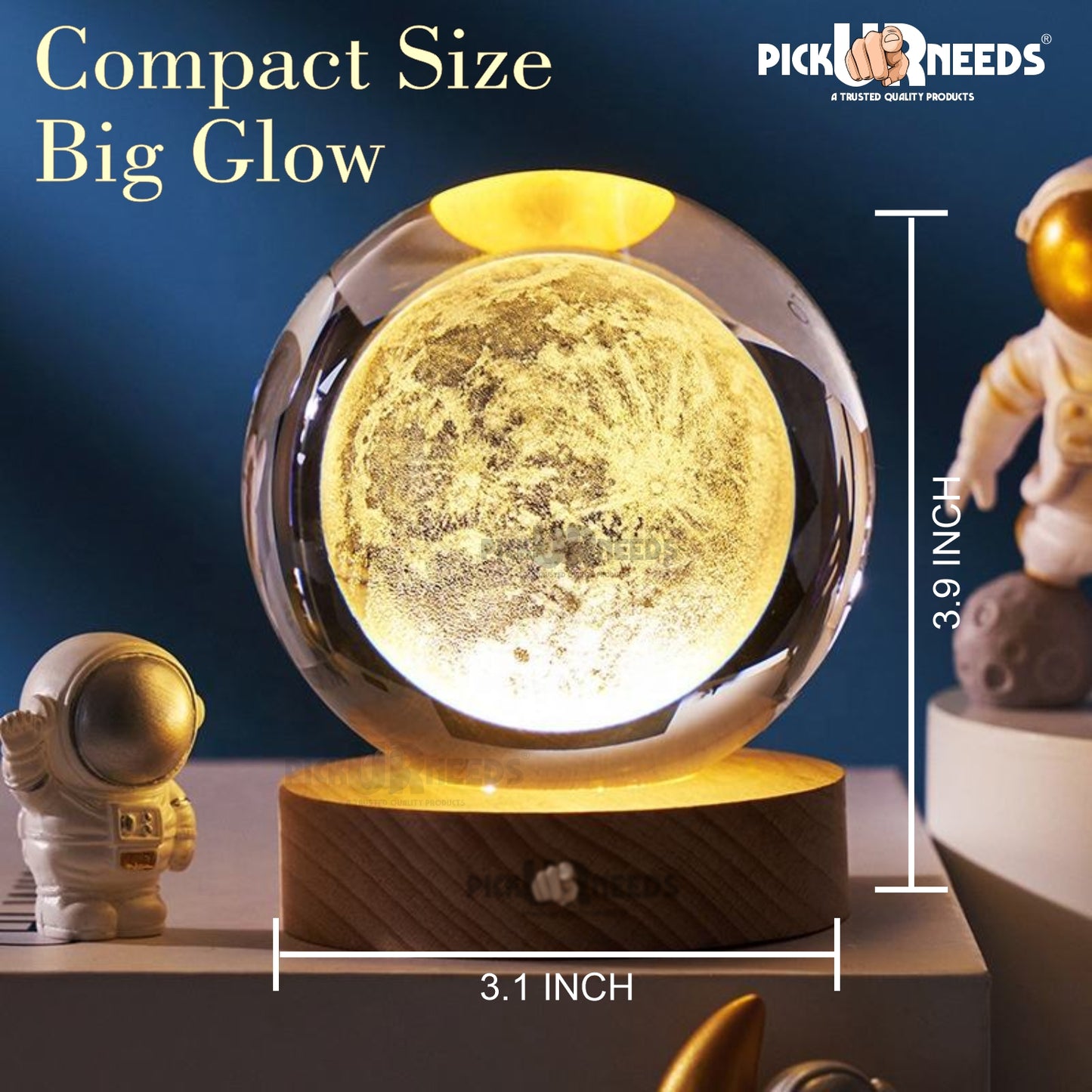 Pick Ur Needs 3D Galaxy Laxmi Ganesh Crystal Ball Night Light– Beech Wood Base– Decor for Home Night Lamp  (9.5 cm, Gold)