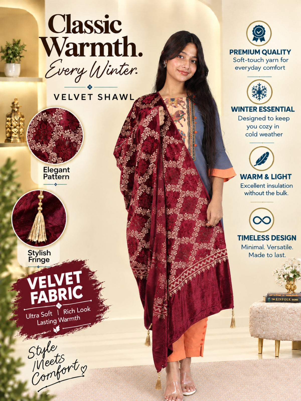 Pick Ur Needs Womens Velvet Woolen Girls Shawl with Elegant Embroidered Design, Warm Winter Wrap for Wedding Parties, Festive Occasions