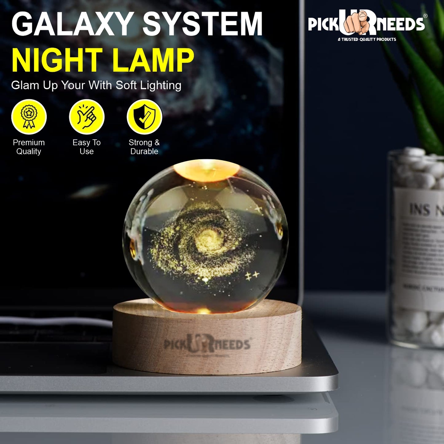 Pick Ur Needs 3D Galaxy Laxmi Ganesh Crystal Ball Night Light– Beech Wood Base– Decor for Home Night Lamp  (9.5 cm, Gold)