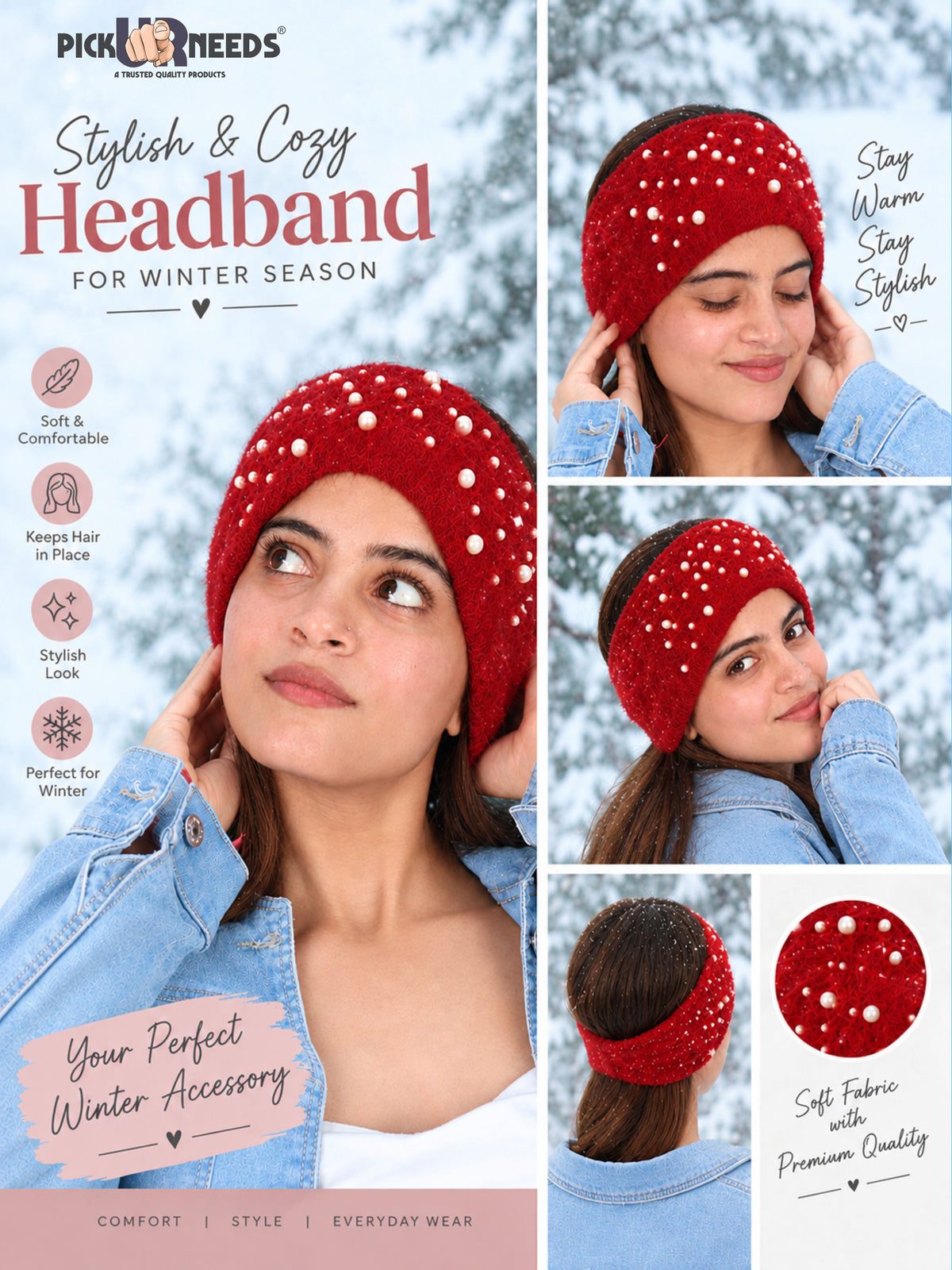Pick Ur Needs Stylish & Cozy Pearl Embellished Winter Headband