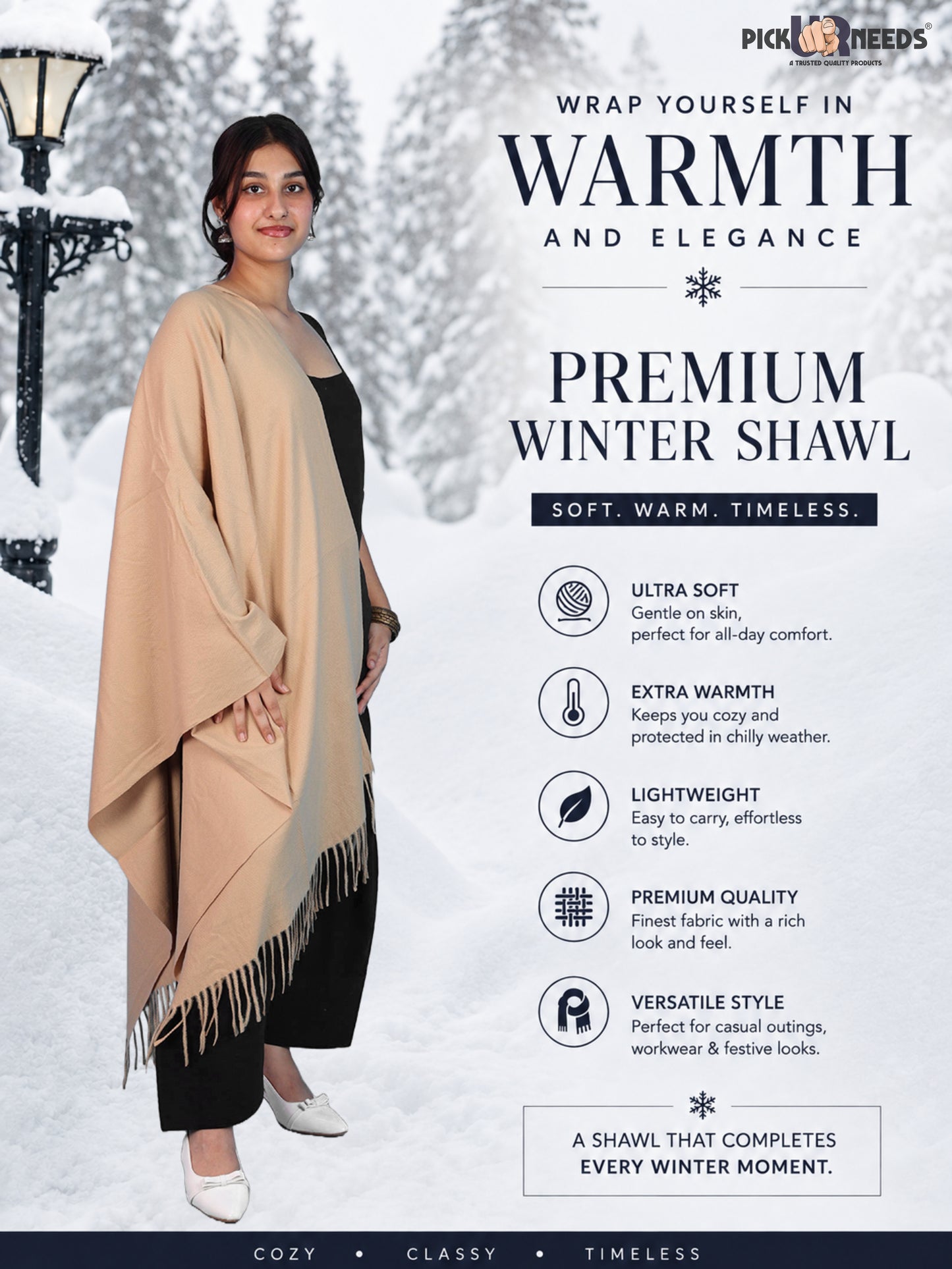 Pick Ur Needs Womens Winter Shawl Soft Warm Large Wrap Shawls with Fringe Tassels Elegant Woolen Style Stole for Girls
