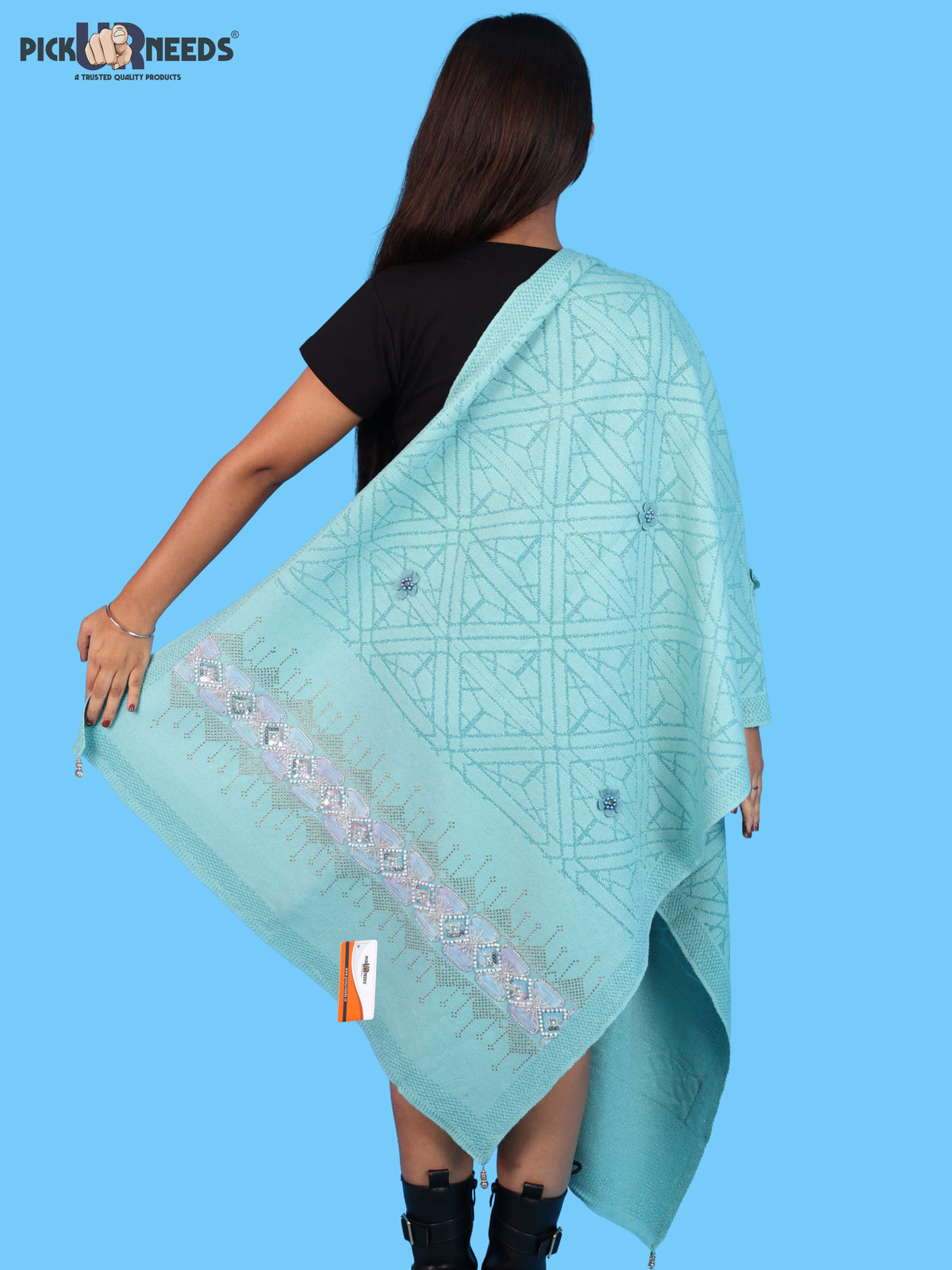Pick Ur Needs Womens Soft Woolen Winter Girls Shawl with Elegant Geometric Design & Floral Embellishments Lightweight Warm Comfortable Ladies Shawl