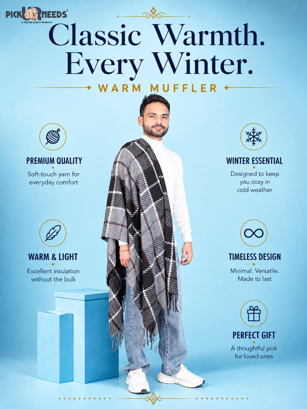 Pick Ur Needs Premium Winter Shawl & Muffler for Men & Boys | Soft Warm Checkered Pattern Woolen Style Stole Stylish Long Scarf with Fringed Ends Comfortable Neck Wrap for Winter Wear