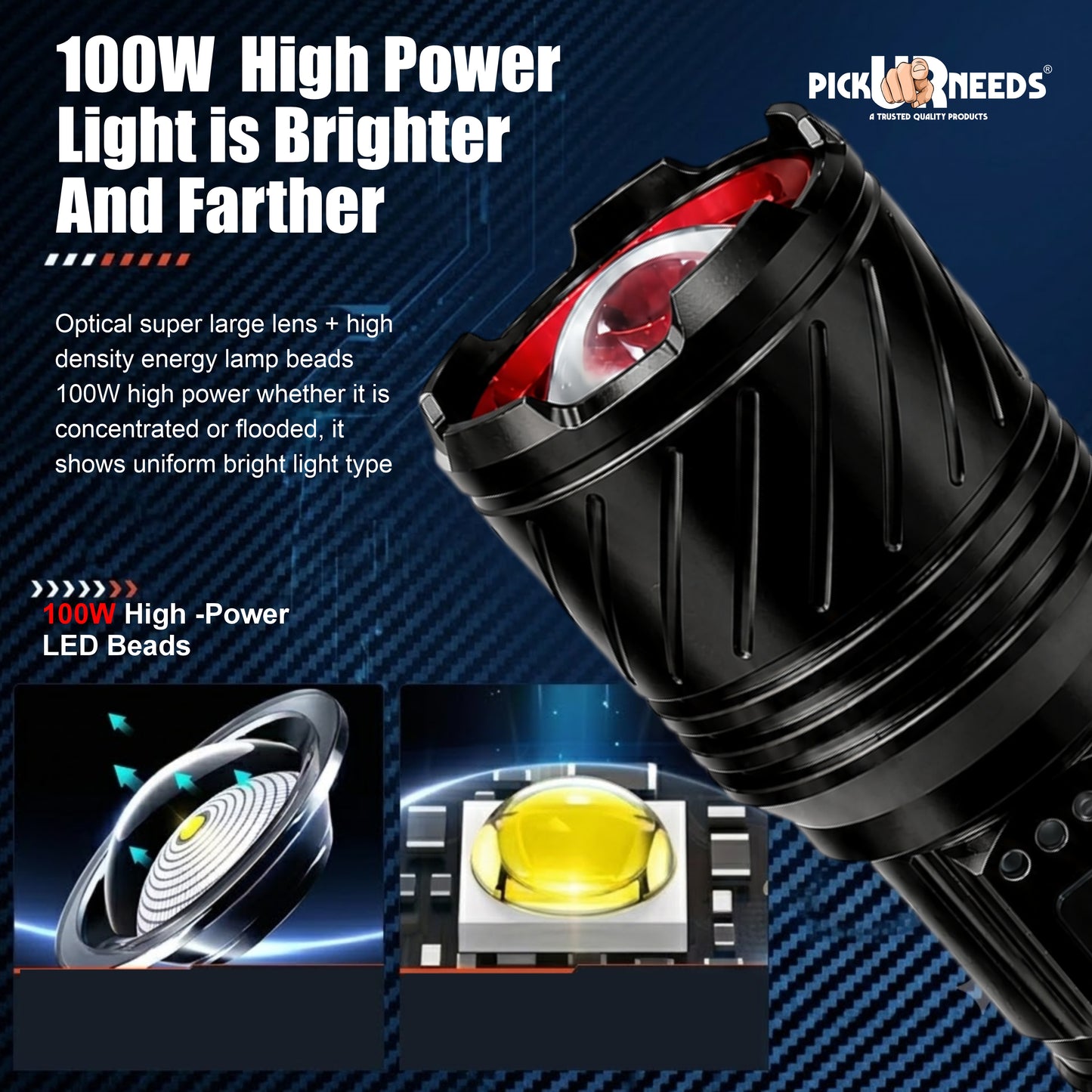 Pick Ur Needs High Power Rechargeable Metal Torch Light with 4000mAh Battery 4 Lighting Modes Portable LED Searchlight for Camping & Emergency