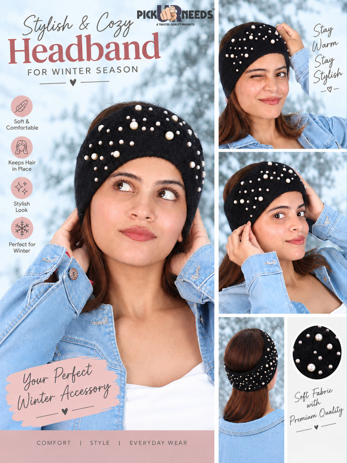 Pick Ur Needs Stylish & Cozy Pearl Embellished Winter Headband