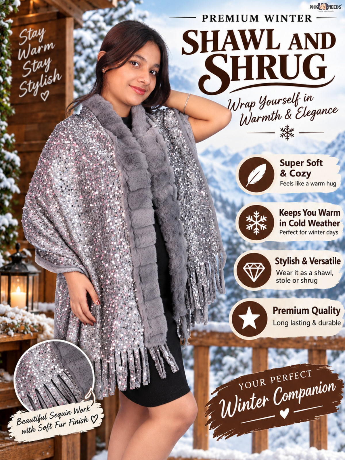 Pick Ur Needs Premium Winter Women Shawl with Shimmering Sequin Work & Soft Fur Border Elegant Warm Designer Shawls with Fringe Tassels for Ladies & Girls