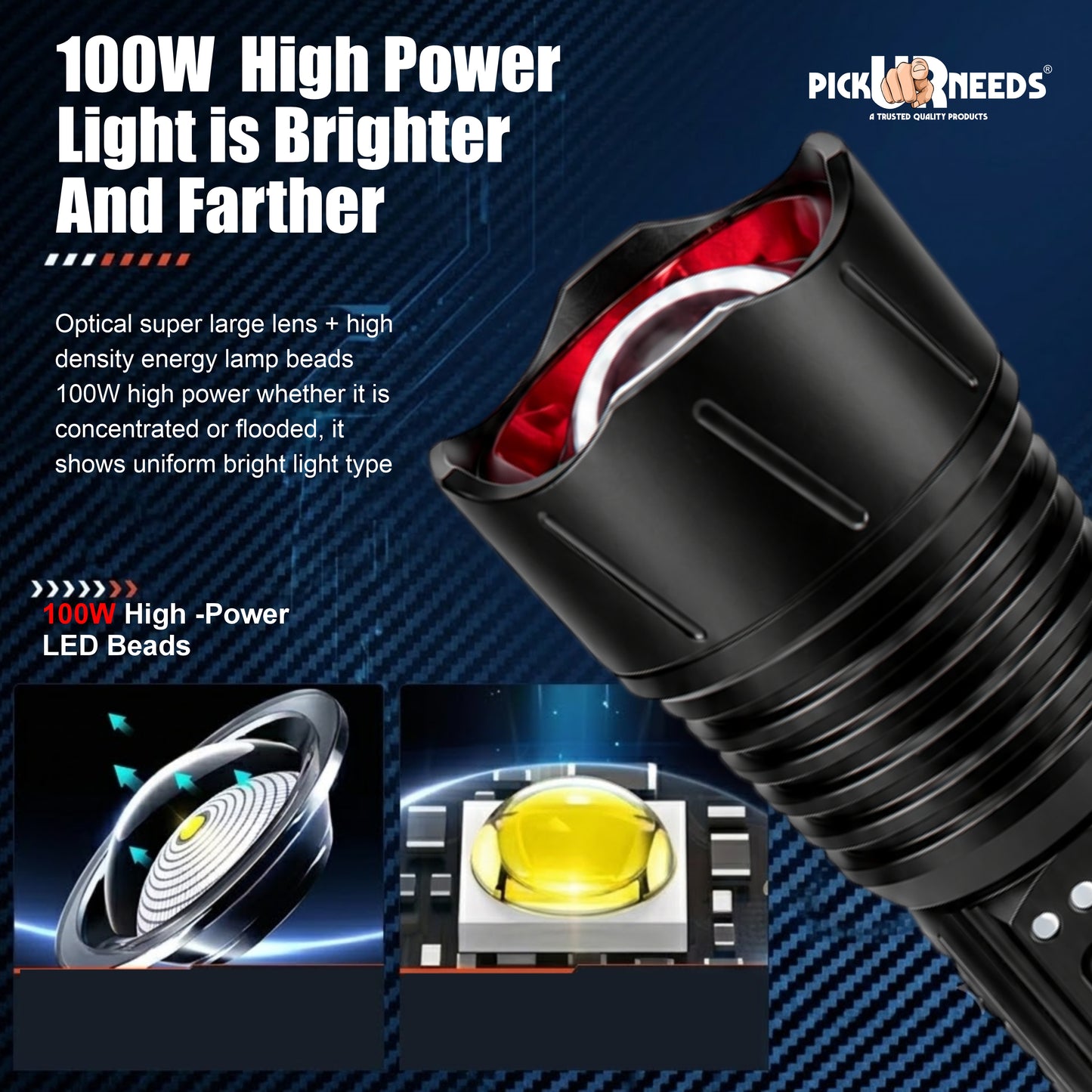 Pick Ur Needs Long Range Rechargeable Metal LED Torch Emgergency Search Zoomable Flashlight with 4000mAh Battery 4 Lighting Modes