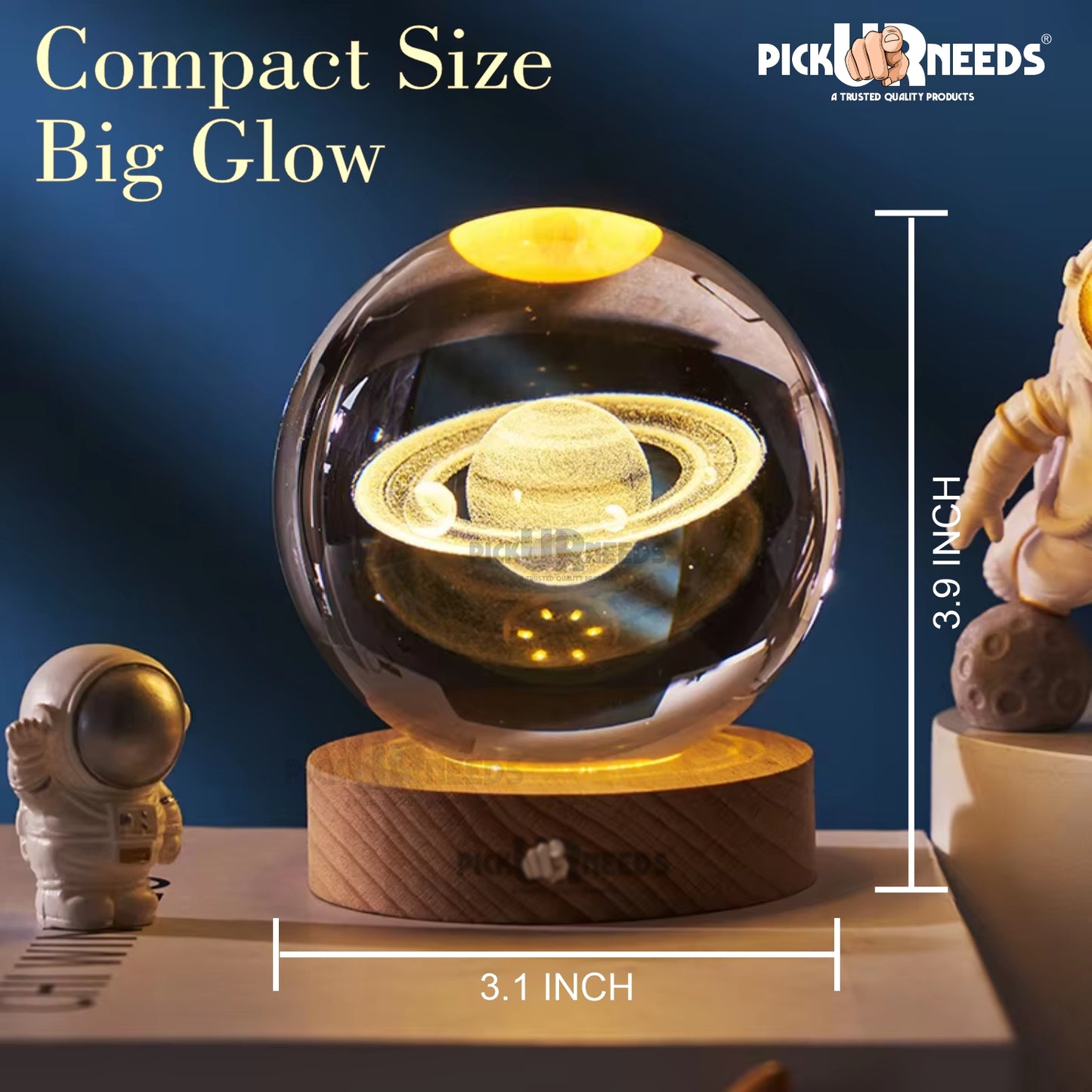 Pick Ur Needs 3D Galaxy Laxmi Ganesh Crystal Ball Night Light– Beech Wood Base– Decor for Home Night Lamp  (9.5 cm, Gold)