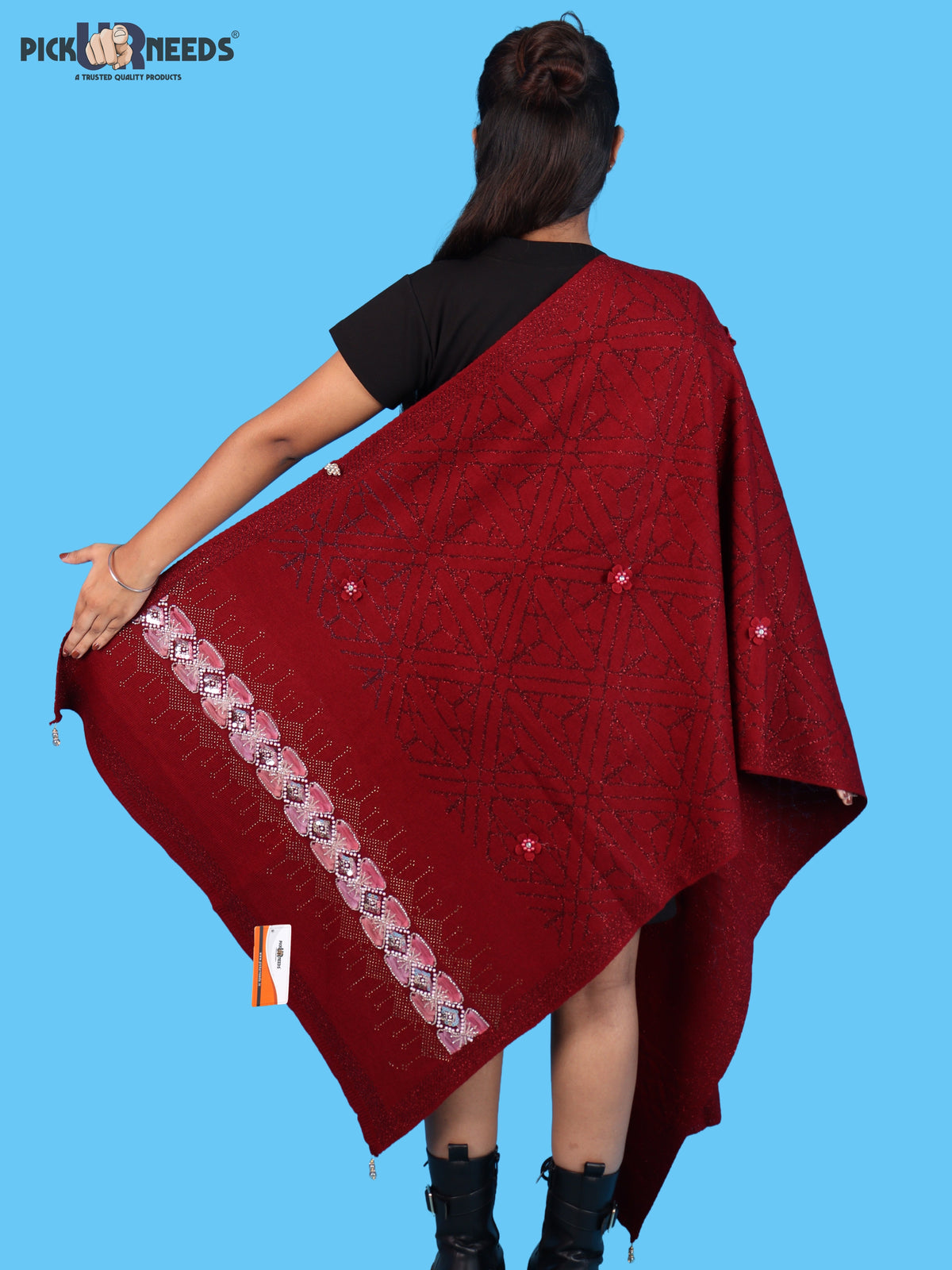 Pick Ur Needs Womens Soft Woolen Winter Girls Shawl with Elegant Geometric Design & Floral Embellishments Lightweight Warm Comfortable Ladies Shawl