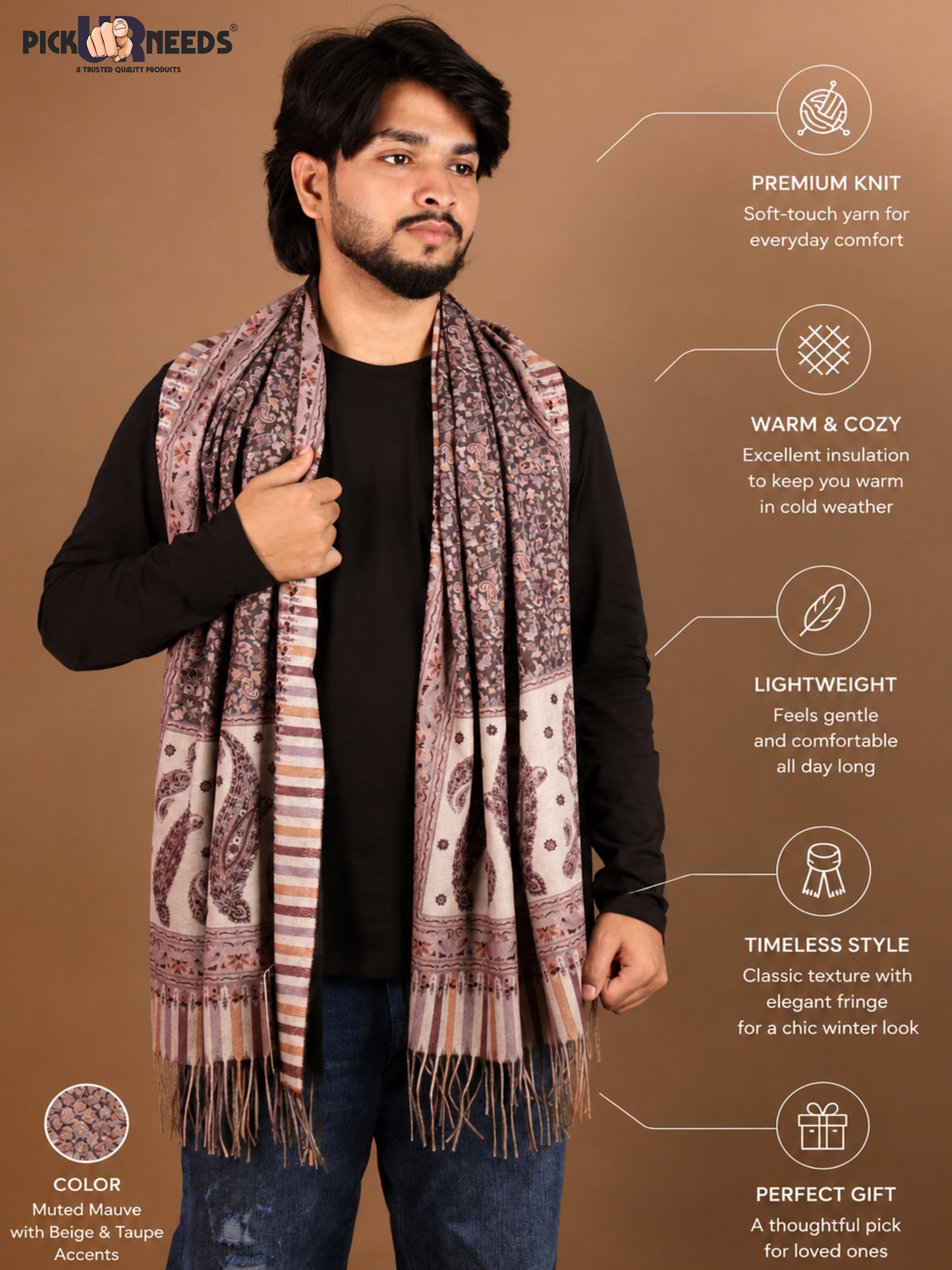 Pick Ur Needs Men’s Premium Winter Shawl Stole Stylish Paisley Print Wrap Scarf For Boys with Soft Feel & Fringed Finish