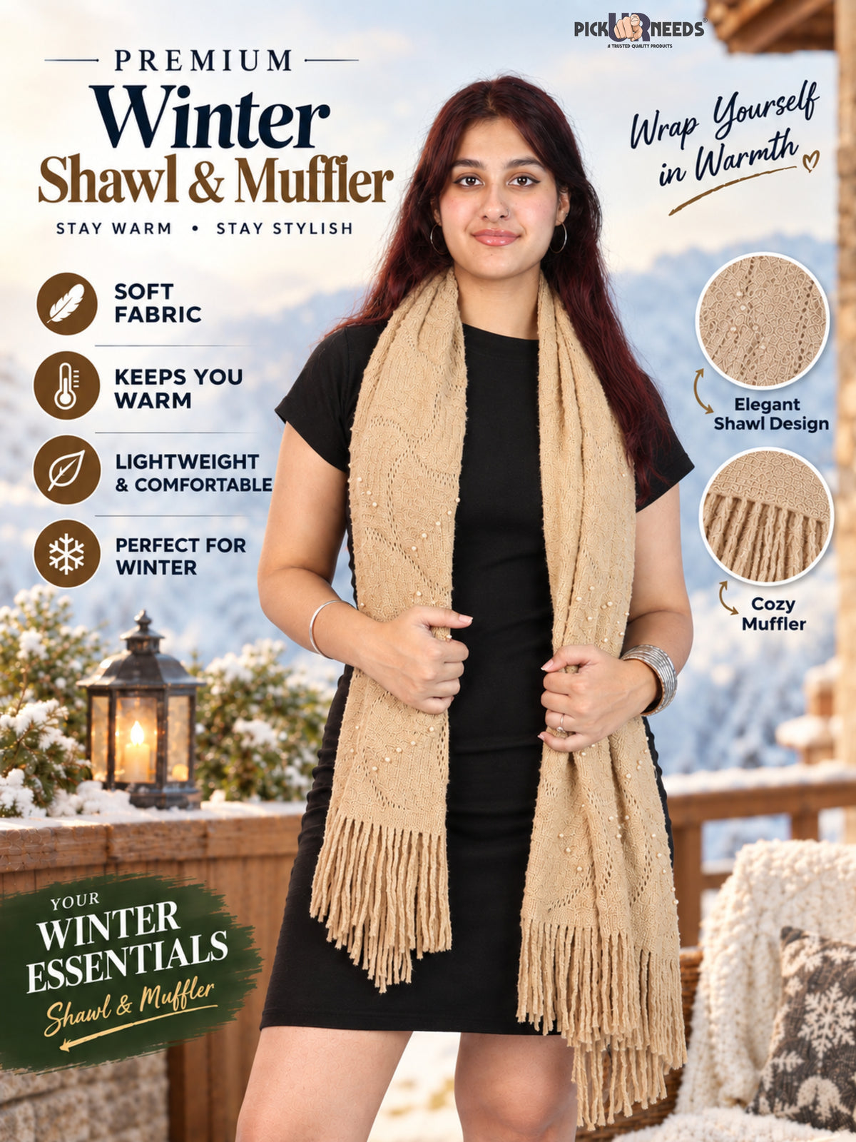 Pick Ur Needs Women & Girls Winter Warm Woolen Muffler with Pearl Work & Fringes – Soft Stylish Wrap