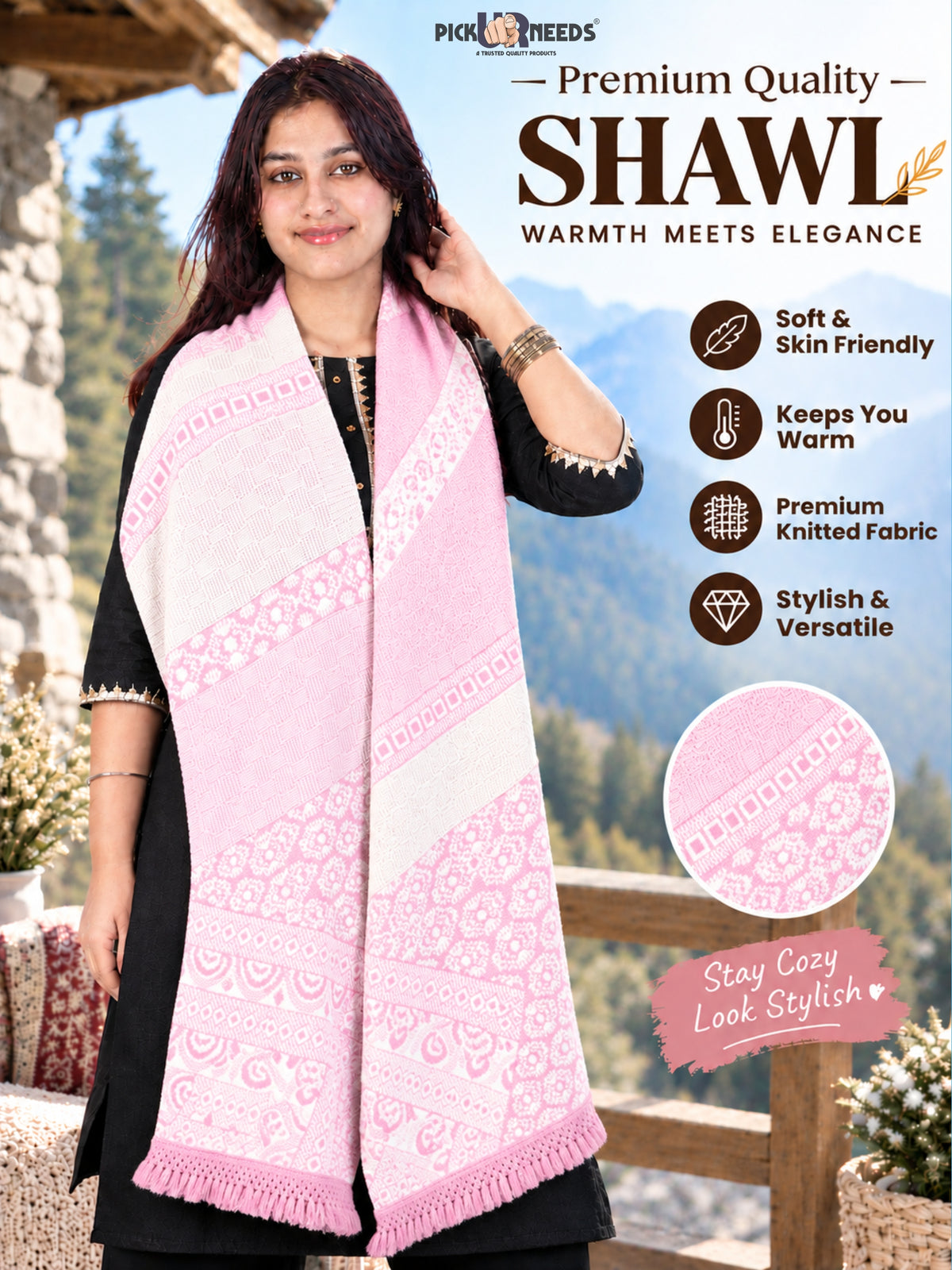Pick Ur Needs Winter Girls & Womens Woolen Shawl, Soft Warm Printed Wrap with Elegant Pattern & Fringe Border