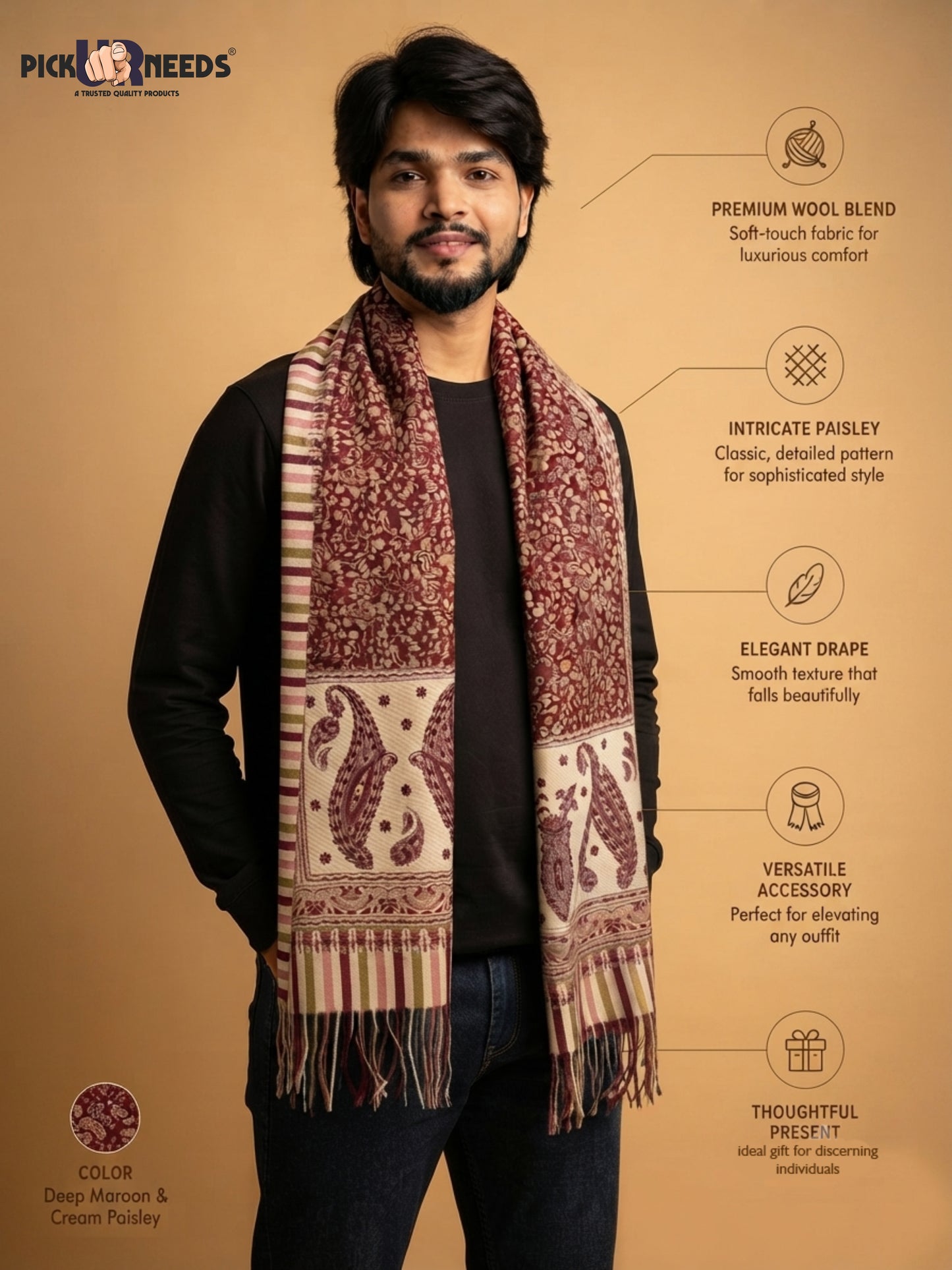 Pick Ur Needs Men’s Premium Winter Shawl Stole Stylish Paisley Print Wrap Scarf For Boys with Soft Feel & Fringed Finish