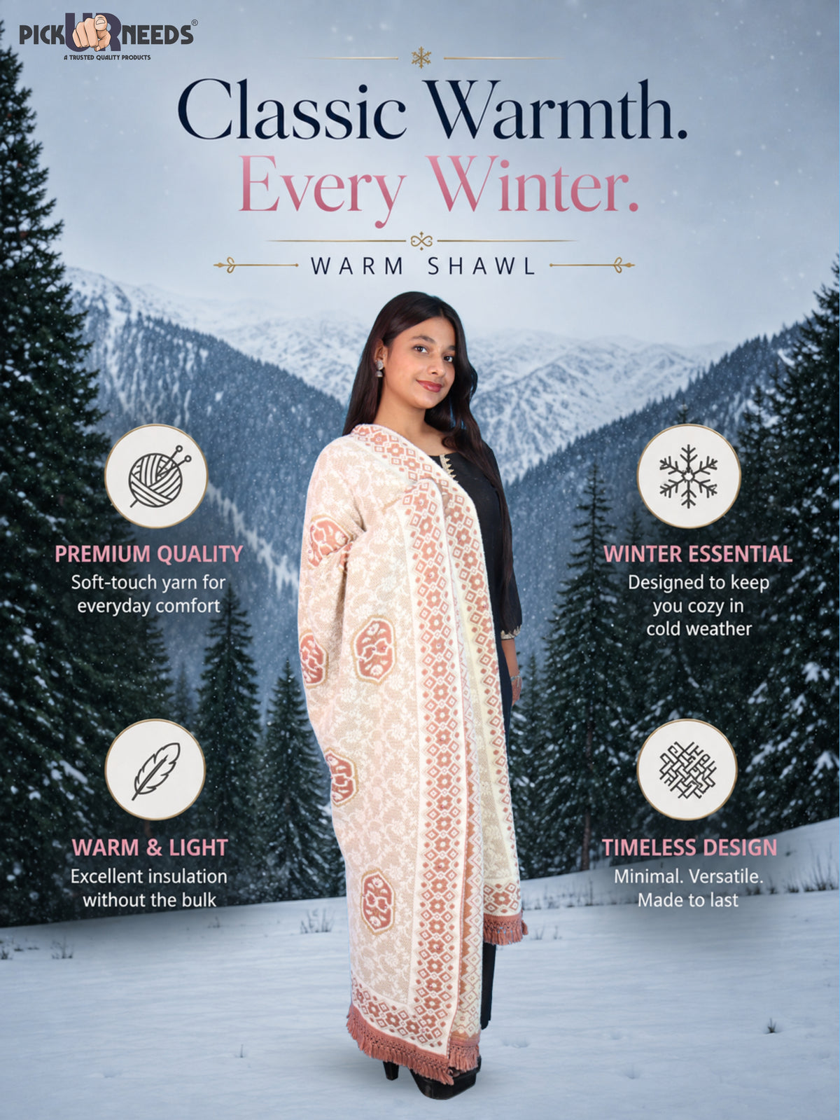 Pick Ur Needs Printed Women’s Woolen Shawl with Elegant Floral Pattern & Fur Border
