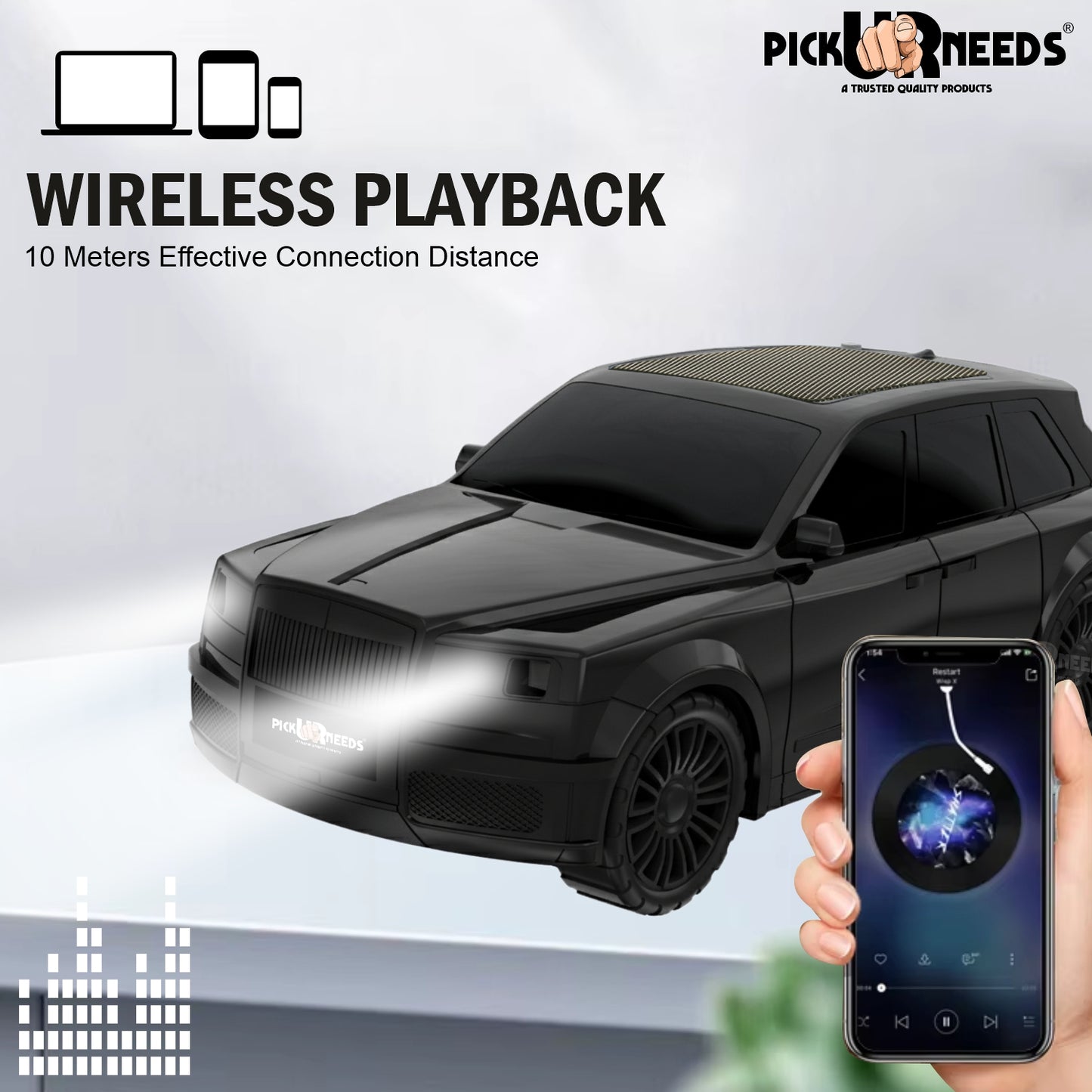 Pick Ur Needs Royal Car Shape Wireless Bluetooth Speaker 5W Powerful Deep Bass Sound, LED Headlights, Stylish Car Design 1200mAh Battery