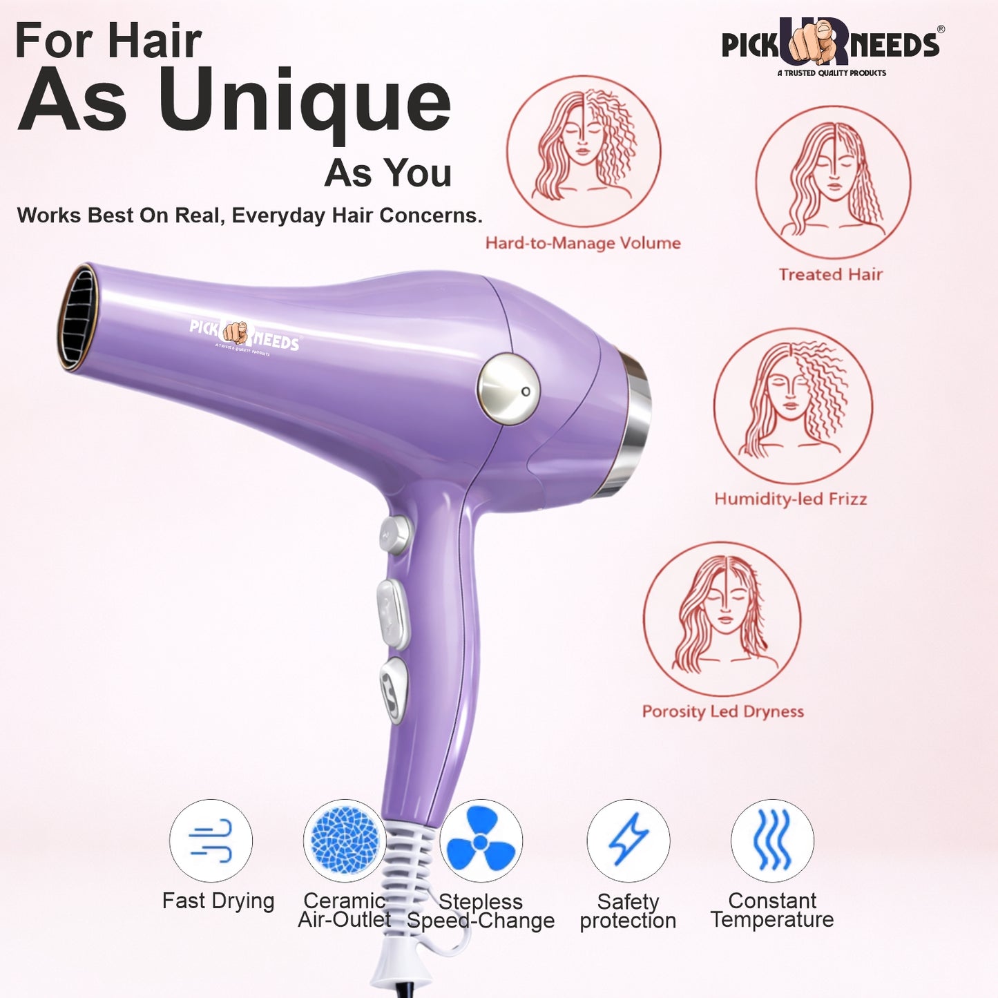 Pick Ur Needs Hair Dryer for Women & Men Quick Dry Hot and Cold Air Low Noise Dryer Hair Dryer