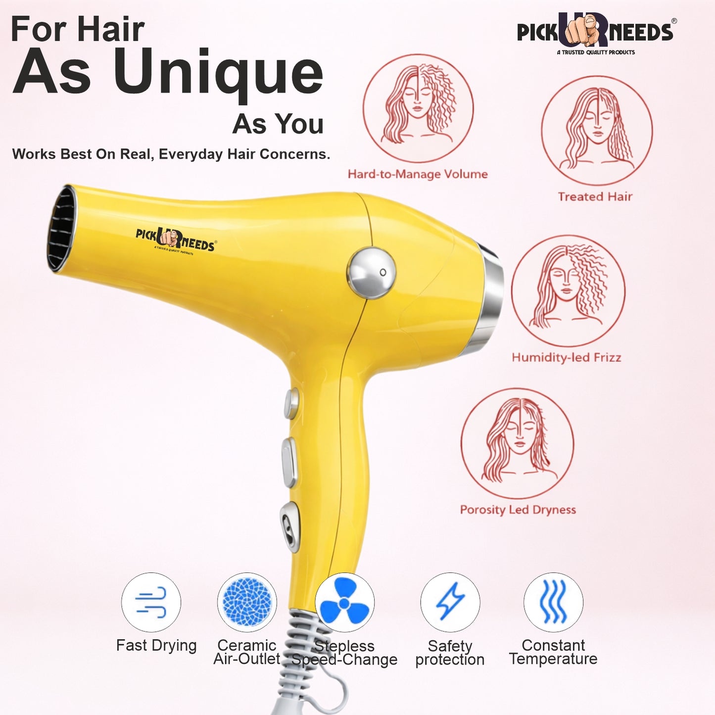Pick Ur Needs Hair Dryer for Women & Men Quick Dry Hot and Cold Air Low Noise Dryer Hair Dryer